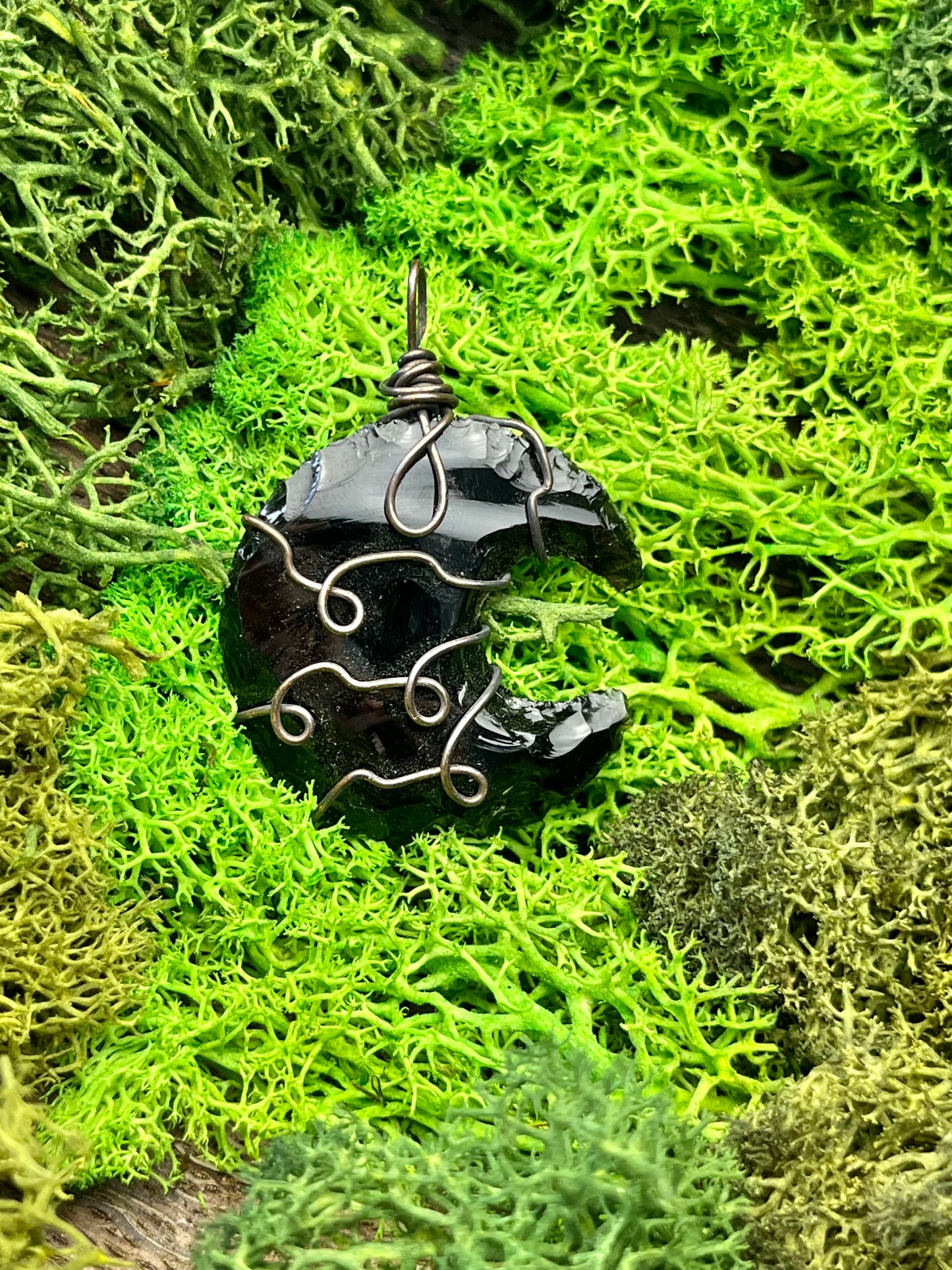 Obsidian Crescent Moon Pendant – Copper Wire Wrapped Protection Necklace