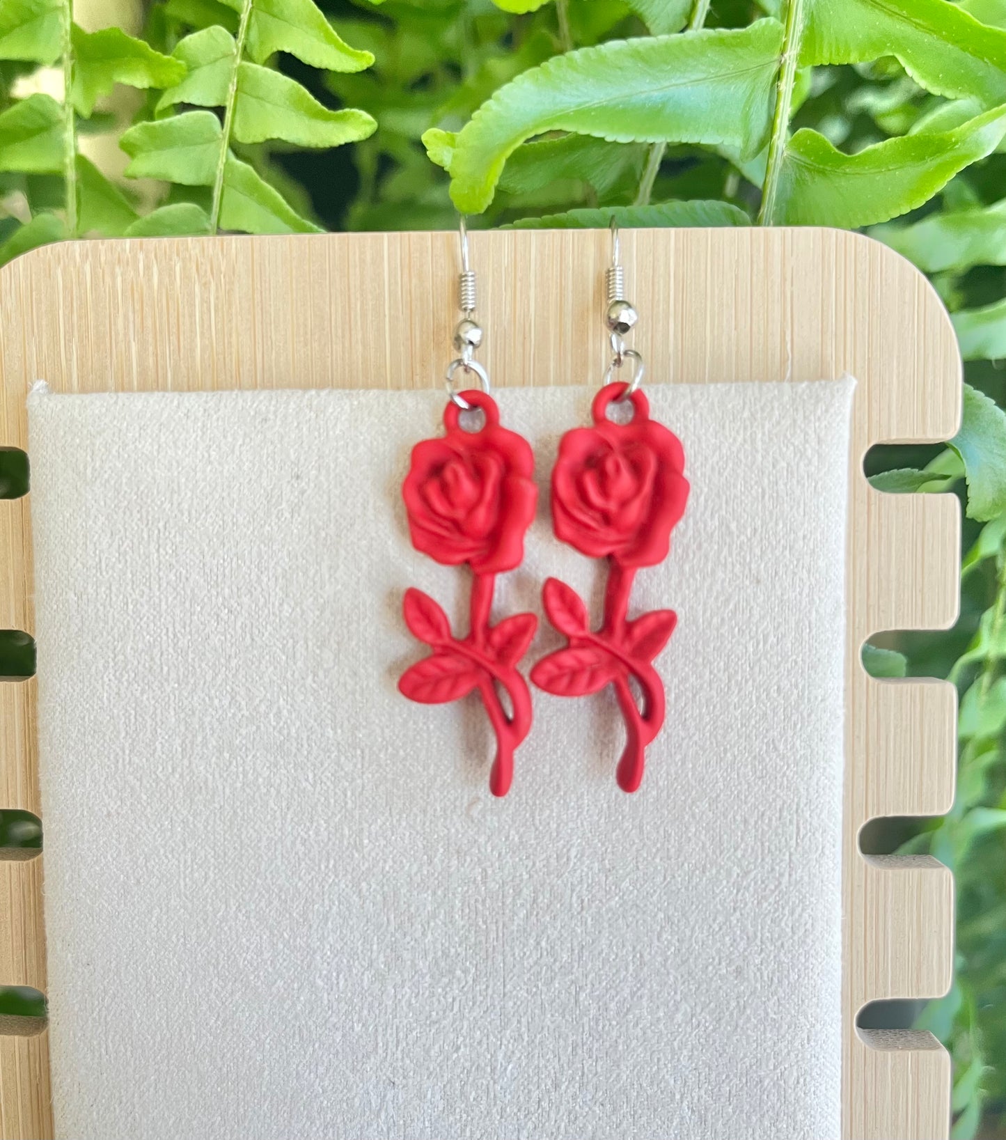 Red Flower Earrings on silver stainless steel hooks