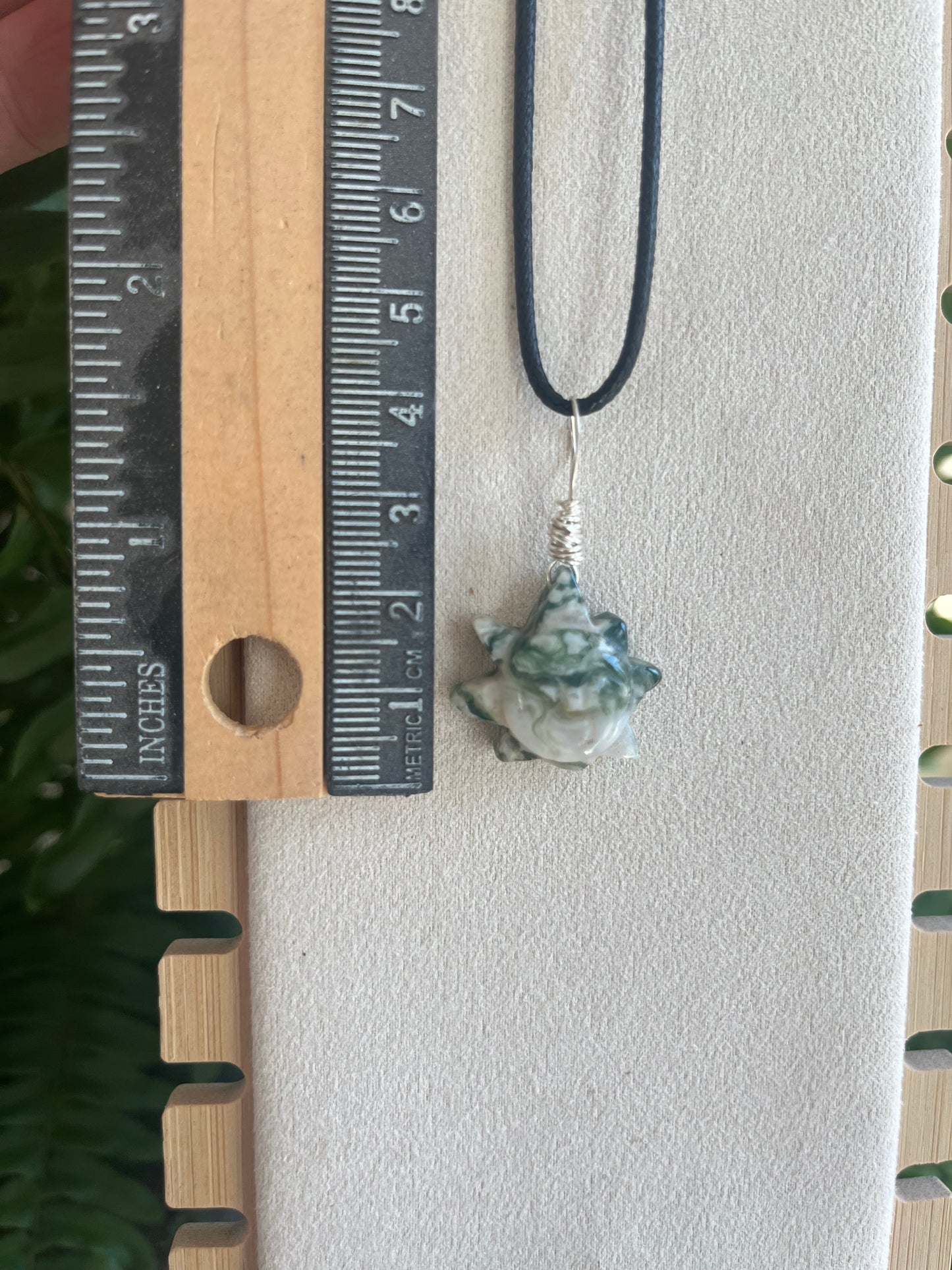 Moss Agate Sun pendant in silver wire necklace