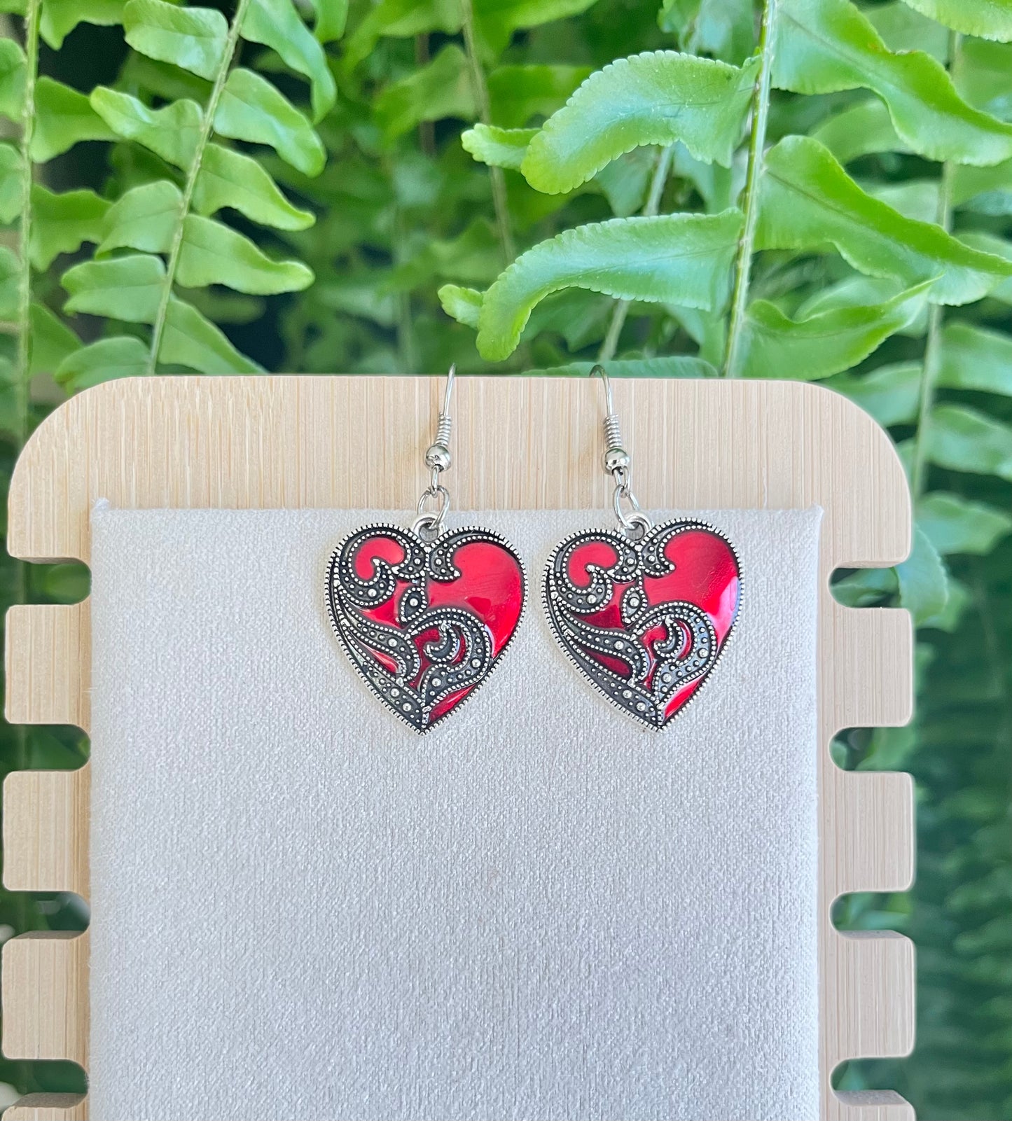 Silver & Red Heart Earrings on silver stainless steel hooks