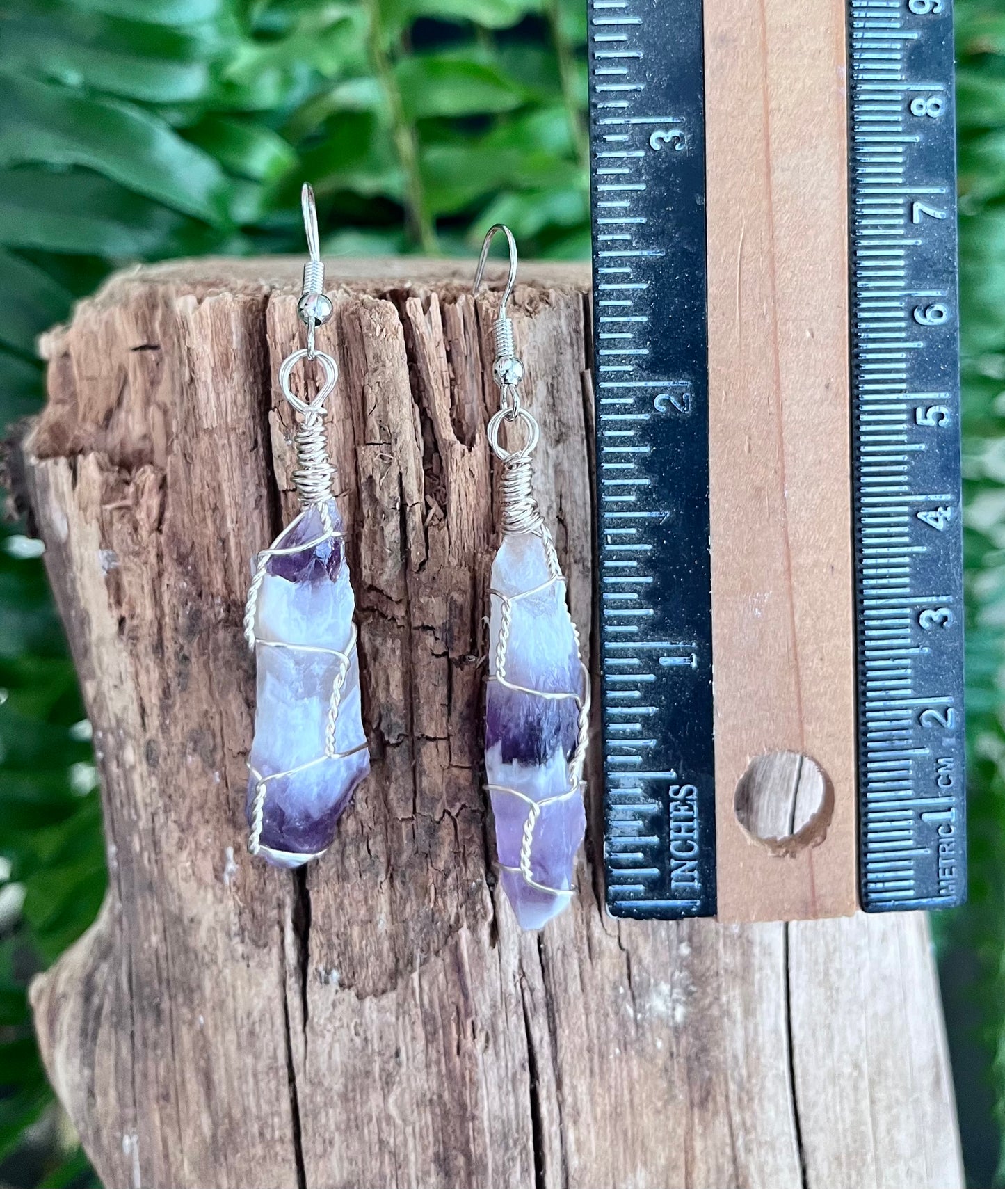 Brazilian Chevron Amethyst Wire Wrapped Earrings, Silver Wire