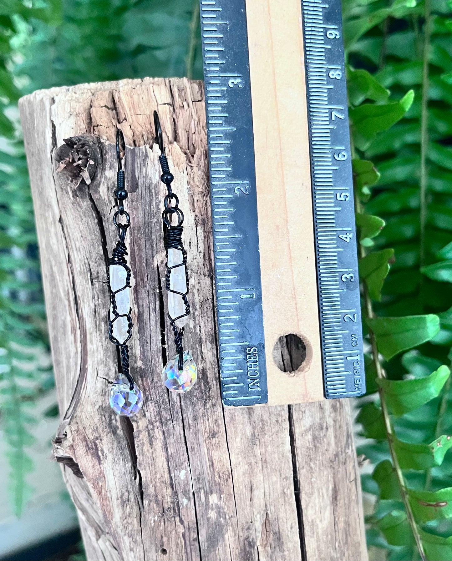 Wire Wrapped Clear Quartz Spear & Faceted Crystal Drop Earrings – Black