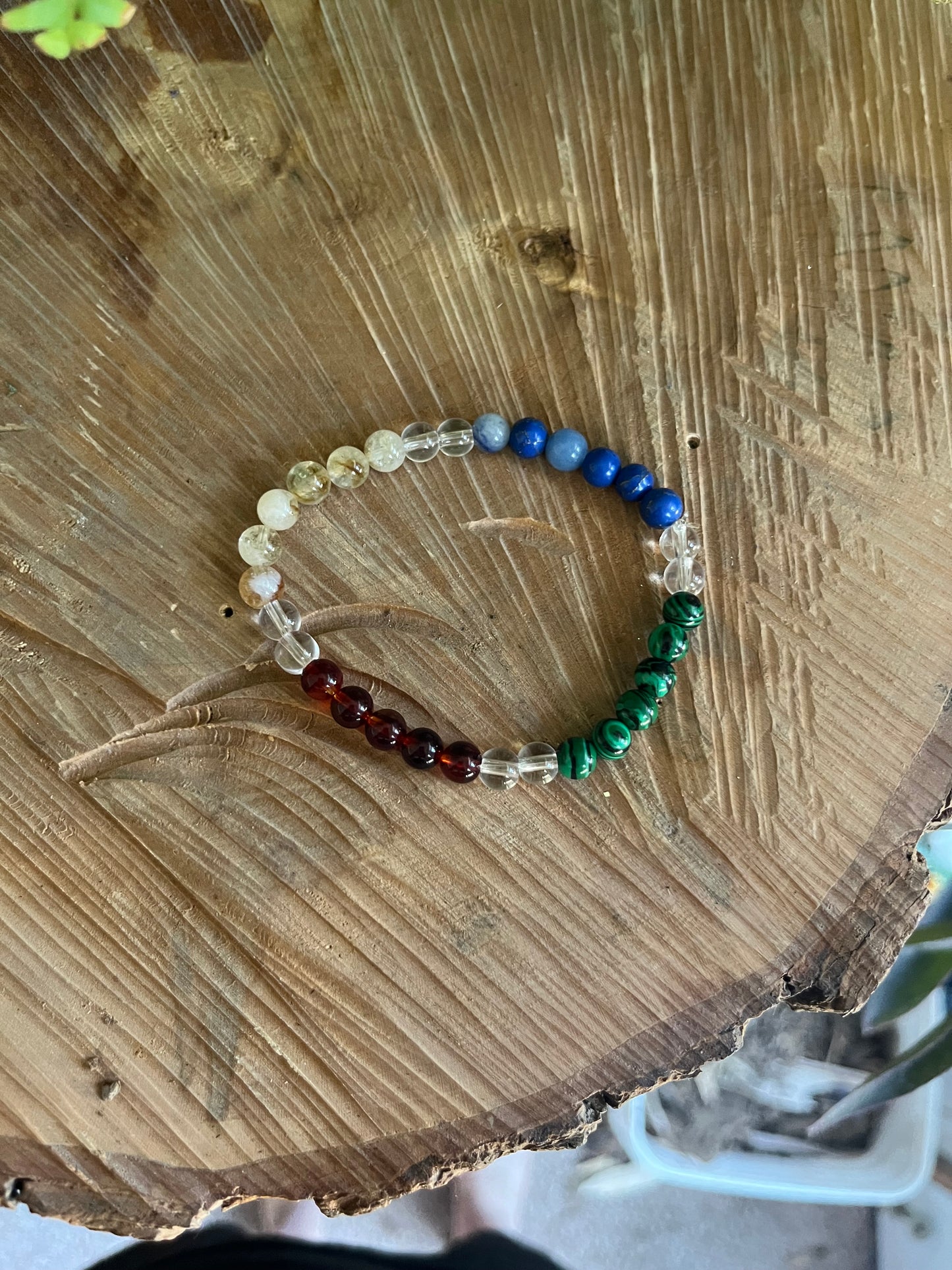 “Overcome Fear” Stretchy Bracelet with Amber, Lapis Lazuli, Citrine, Malachite & White Quartz
