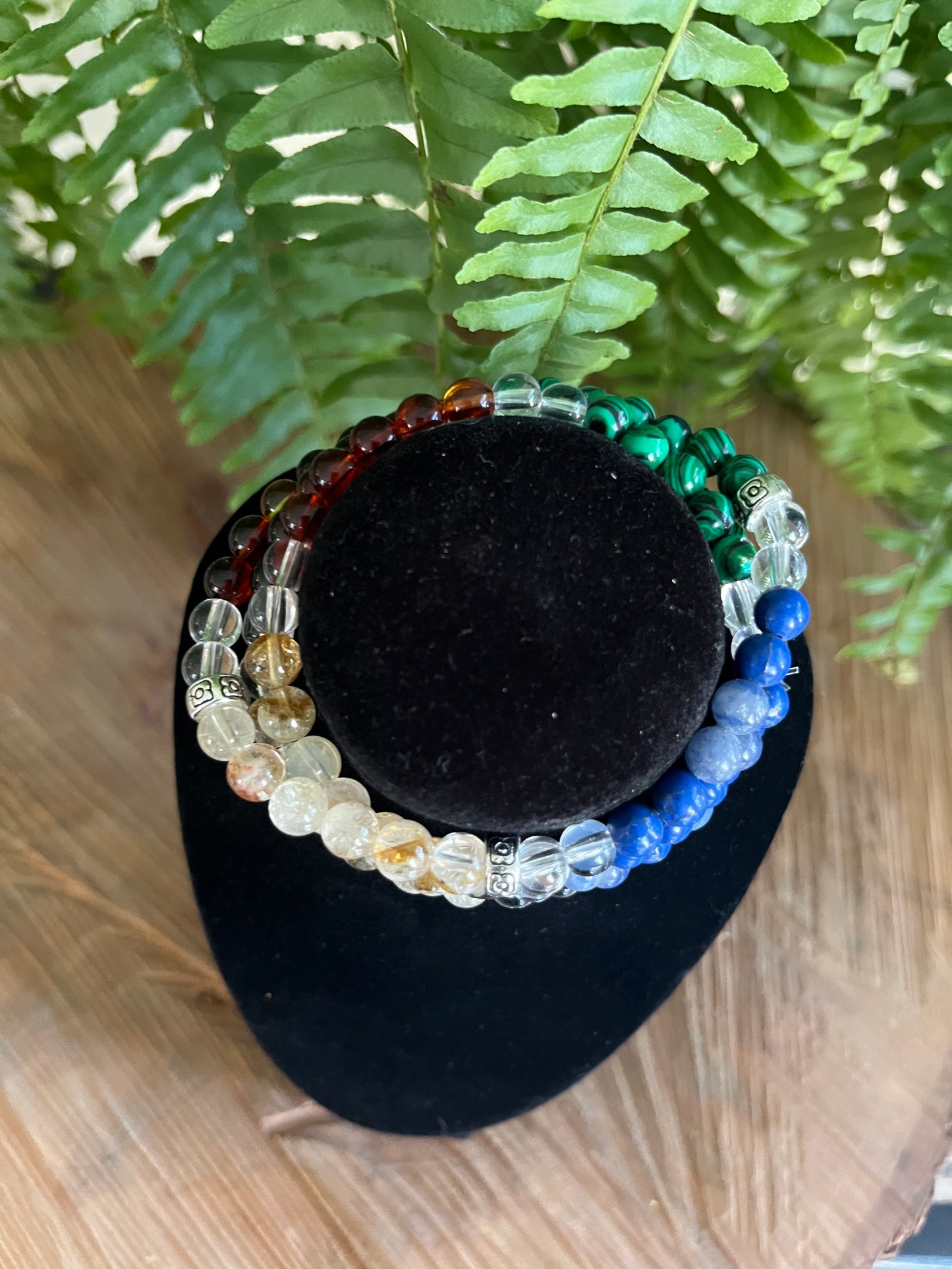 “Overcome Fear” Stretchy Bracelet with Amber, Lapis Lazuli, Citrine, Malachite & White Quartz