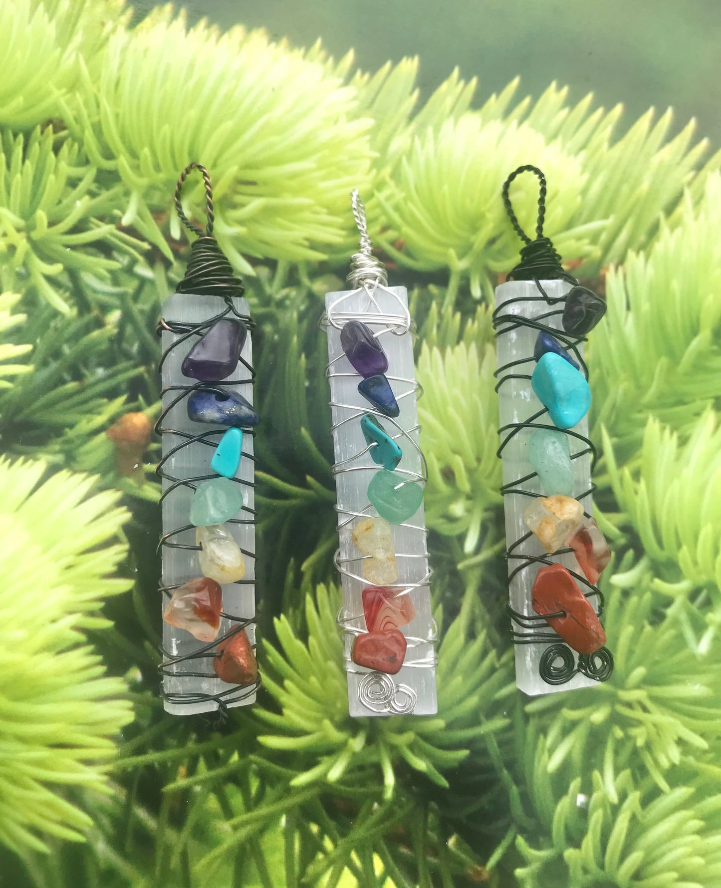 Chakra Selenite in silver wire pendant necklace