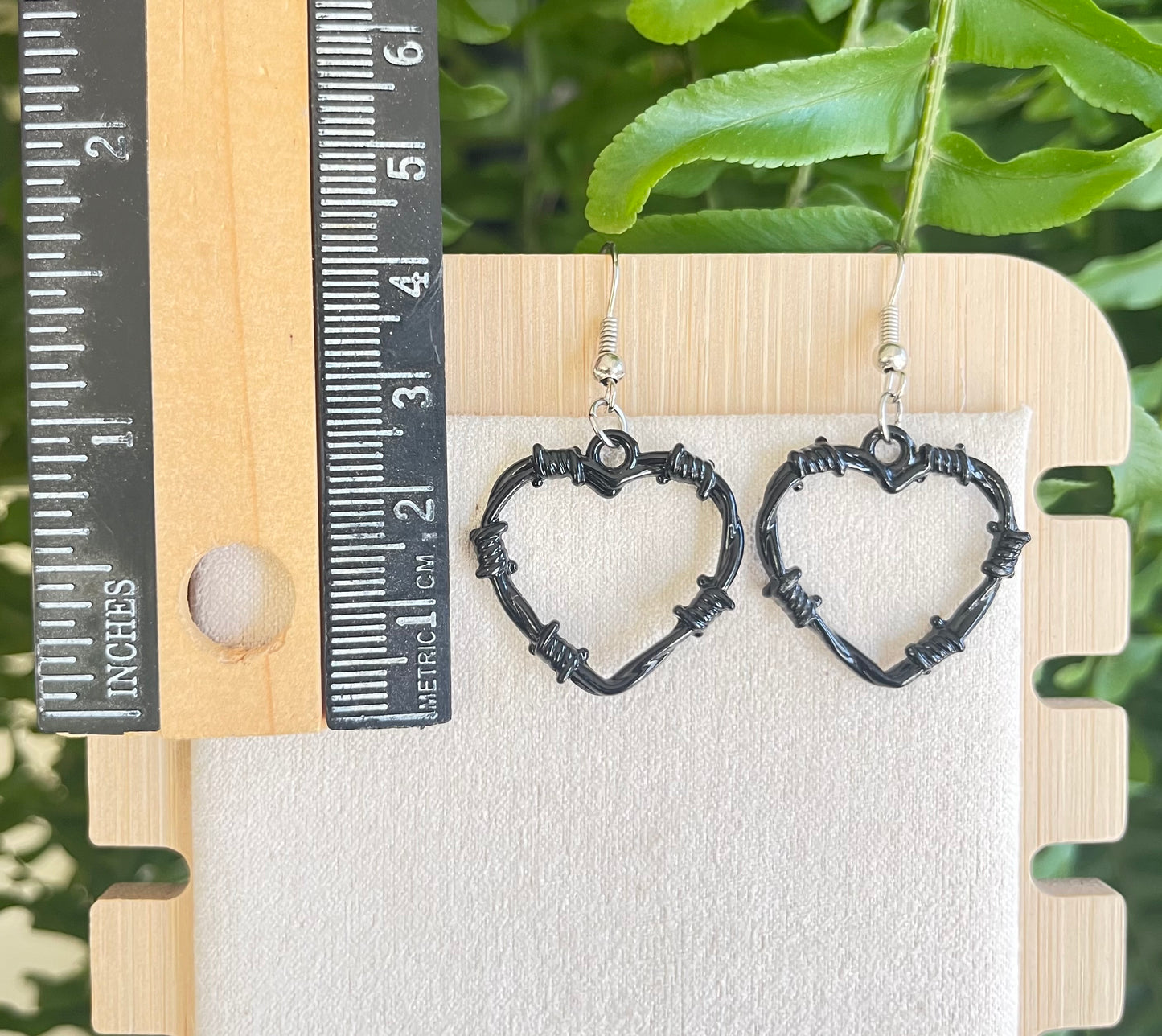 Black Barbed Wire Heart Earrings on silver stainless steel hooks