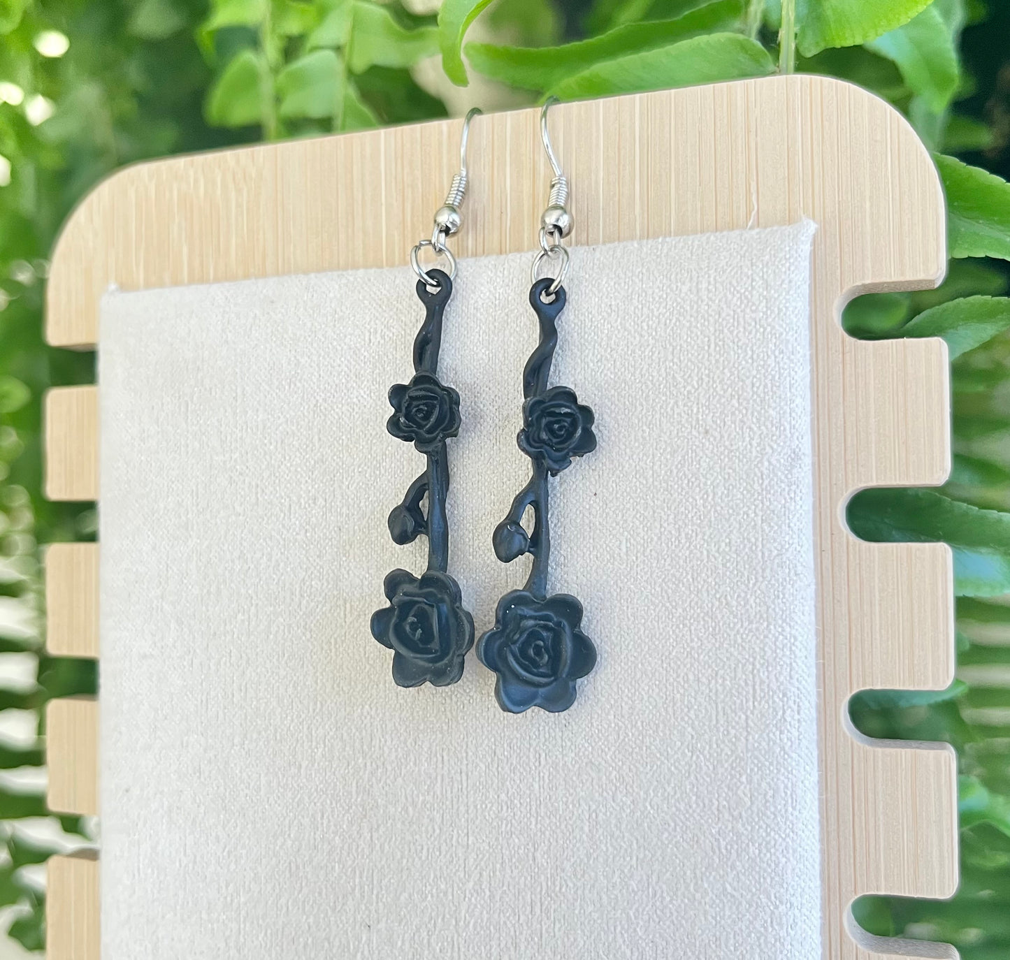 Black Flower Earrings on silver stainless steel hooks