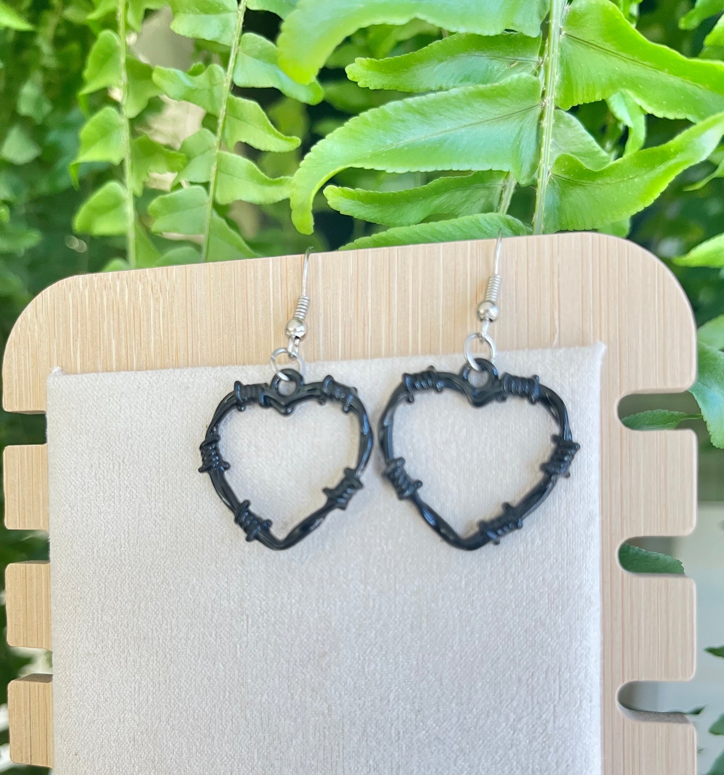 Black Barbed Wire Heart Earrings on silver stainless steel hooks