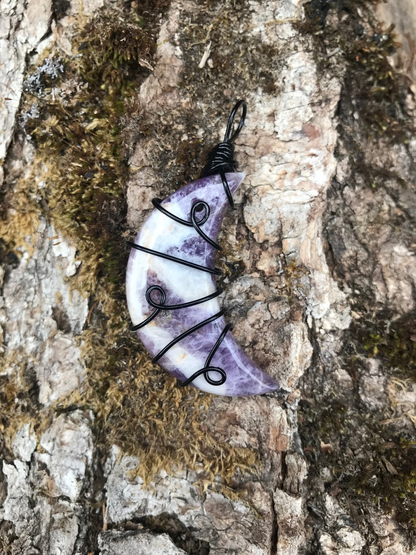 Chevron Amethyst Crescent Moon Pendant | Black Wire Wrapped Crystal