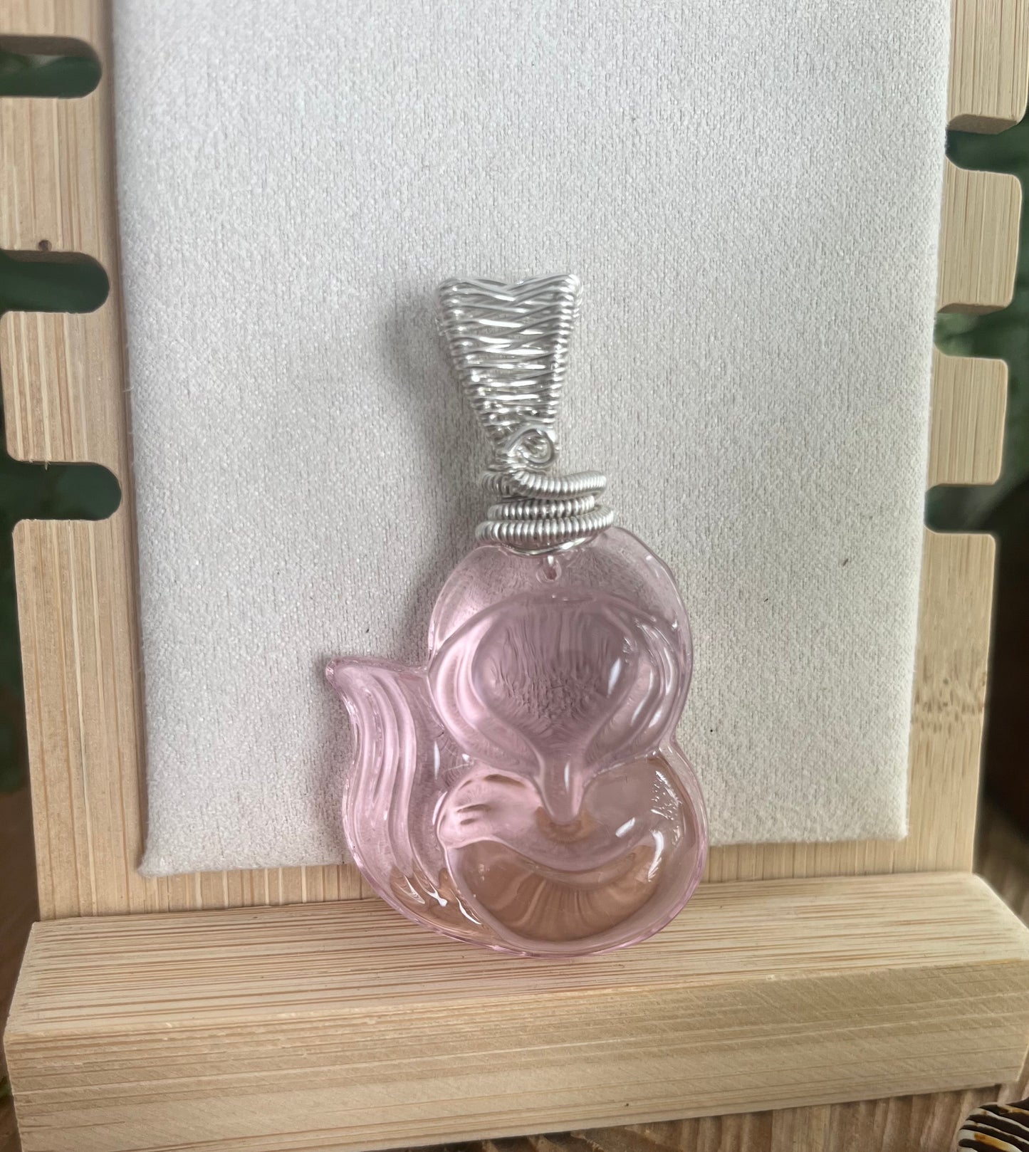 “Sweet Fox Charm” – Light Pink Acrylic Pendant in Silver Wire Wrap