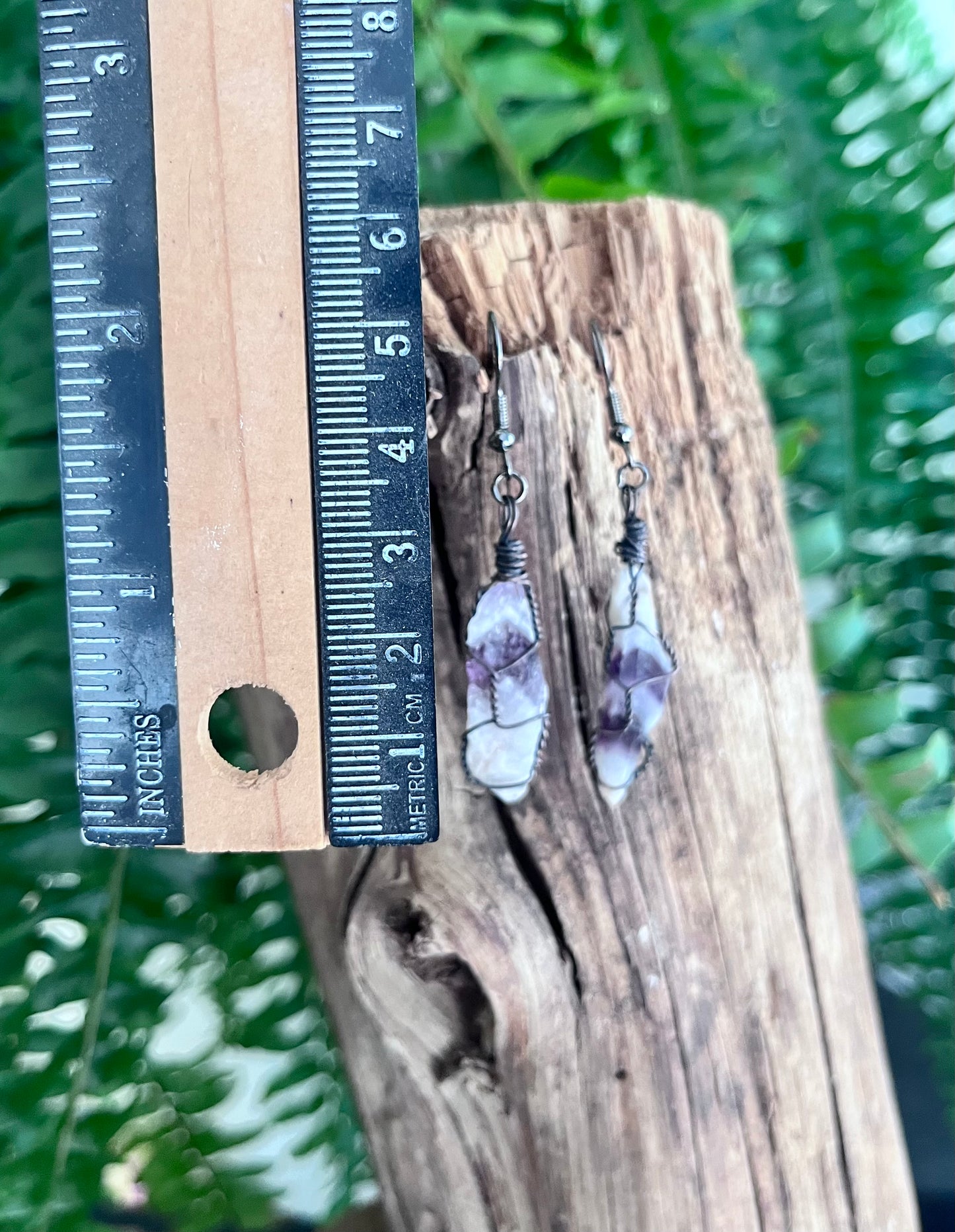 Brazilian Chevron Amethyst Crystal Point Copper Wire Wrapped Earrings | Oxidized Copper | Handmade Boho Gemstone Jewelry