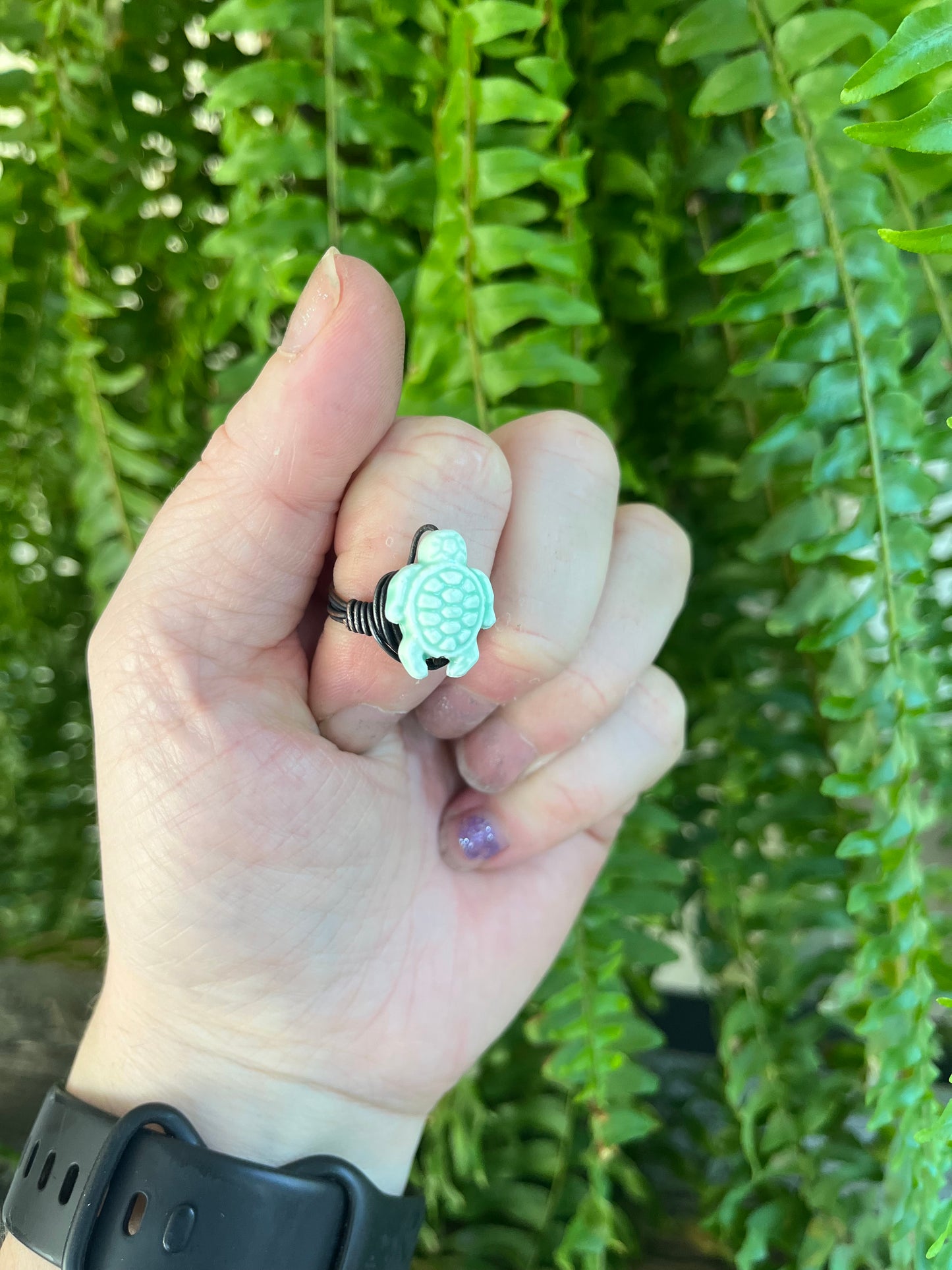 Light Green Howlite Turtle Ring – Copper Wire Wrapped - Size 7
