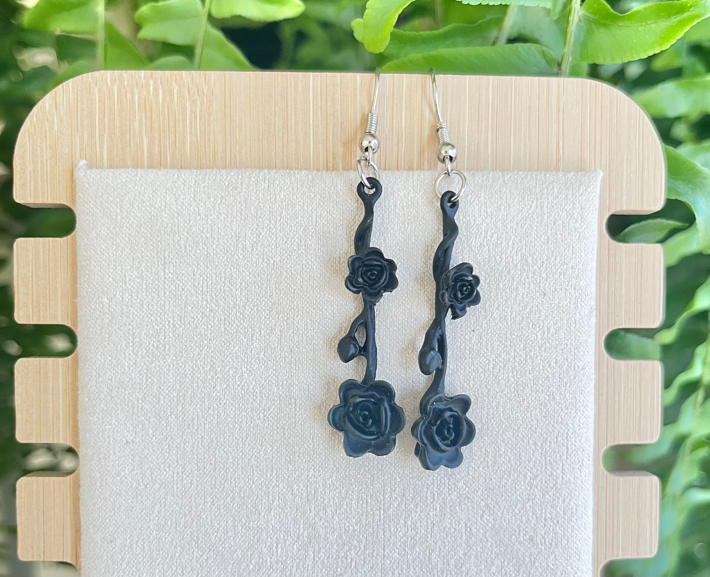 Black Flower Earrings on silver stainless steel hooks
