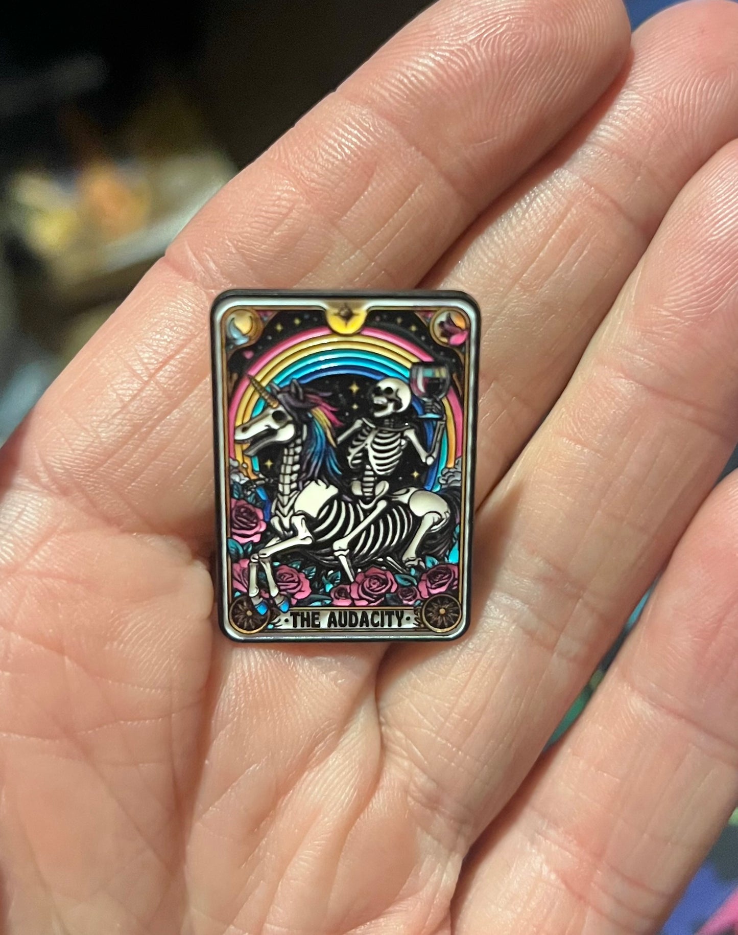 The Audacity Enamel Pin – Skeletons, Rainbow & Roses | Gothic Pride Pin