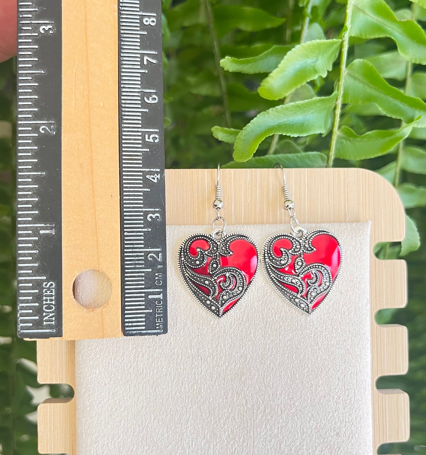Silver & Red Heart Earrings on silver stainless steel hooks