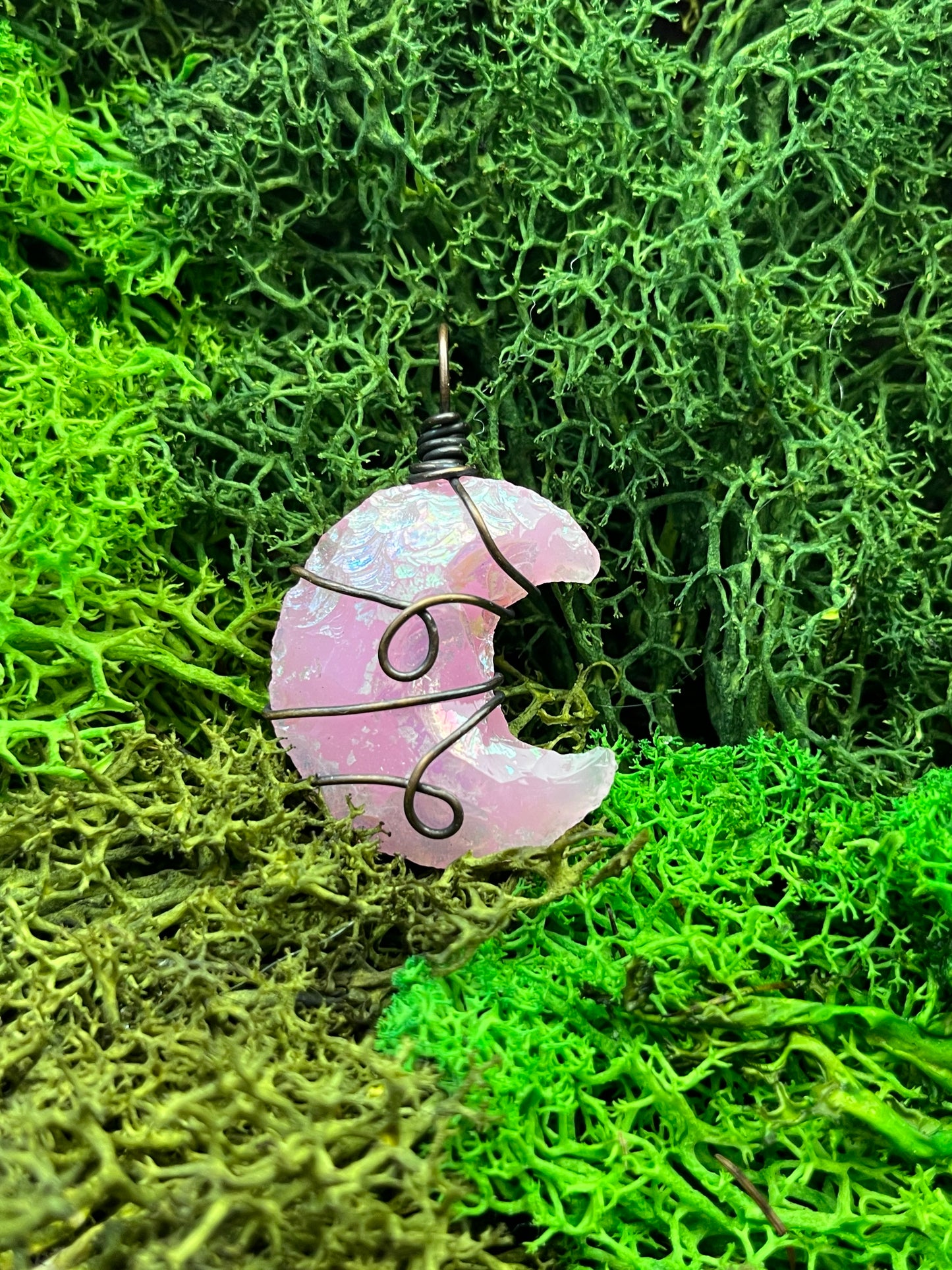 Aura Rose Quartz Crescent Moon Pendant – Wire Wrapped in Copper