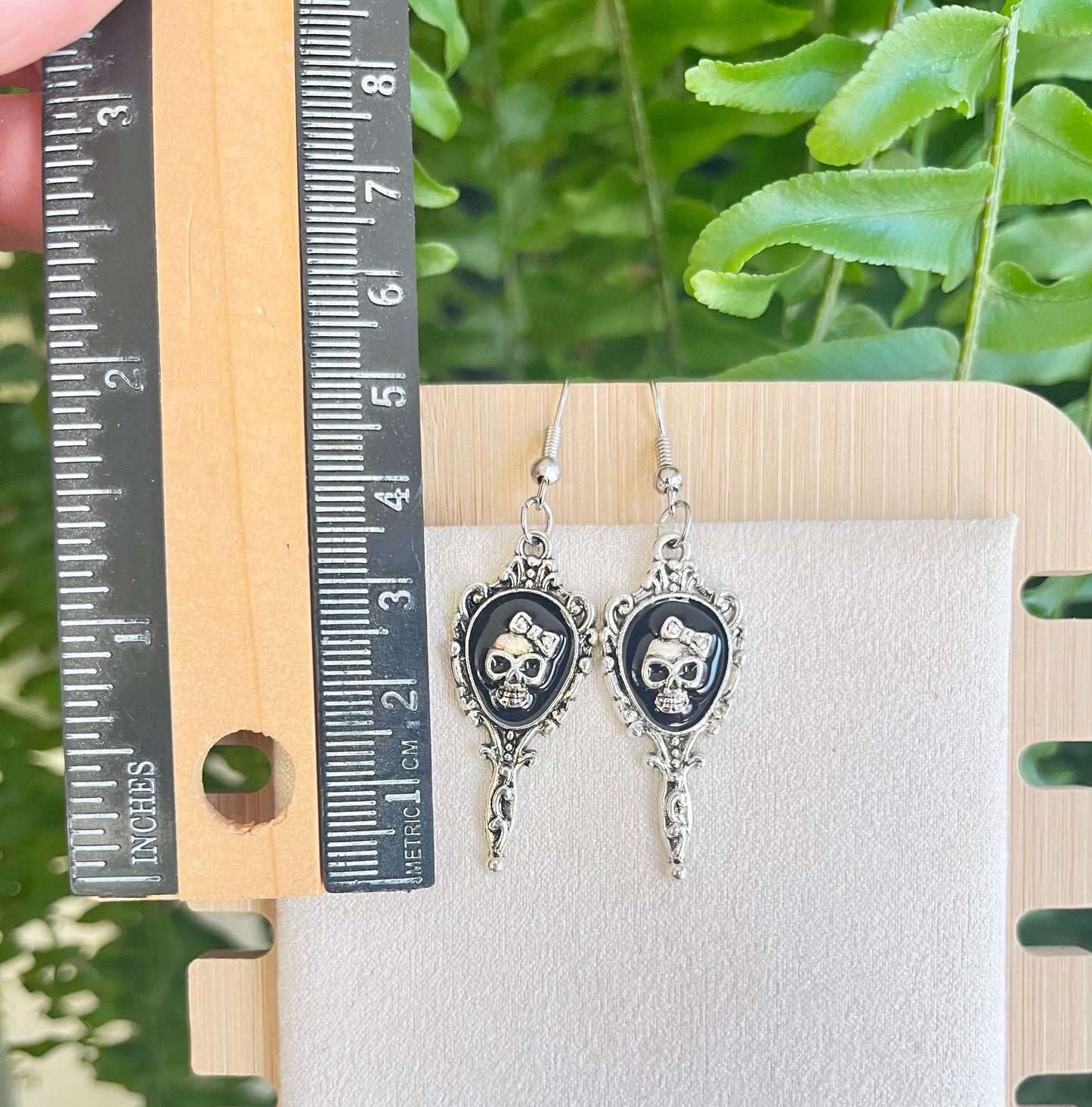 Black & Silver Skulls in Mirror Earrings on silver stainless steel hooks