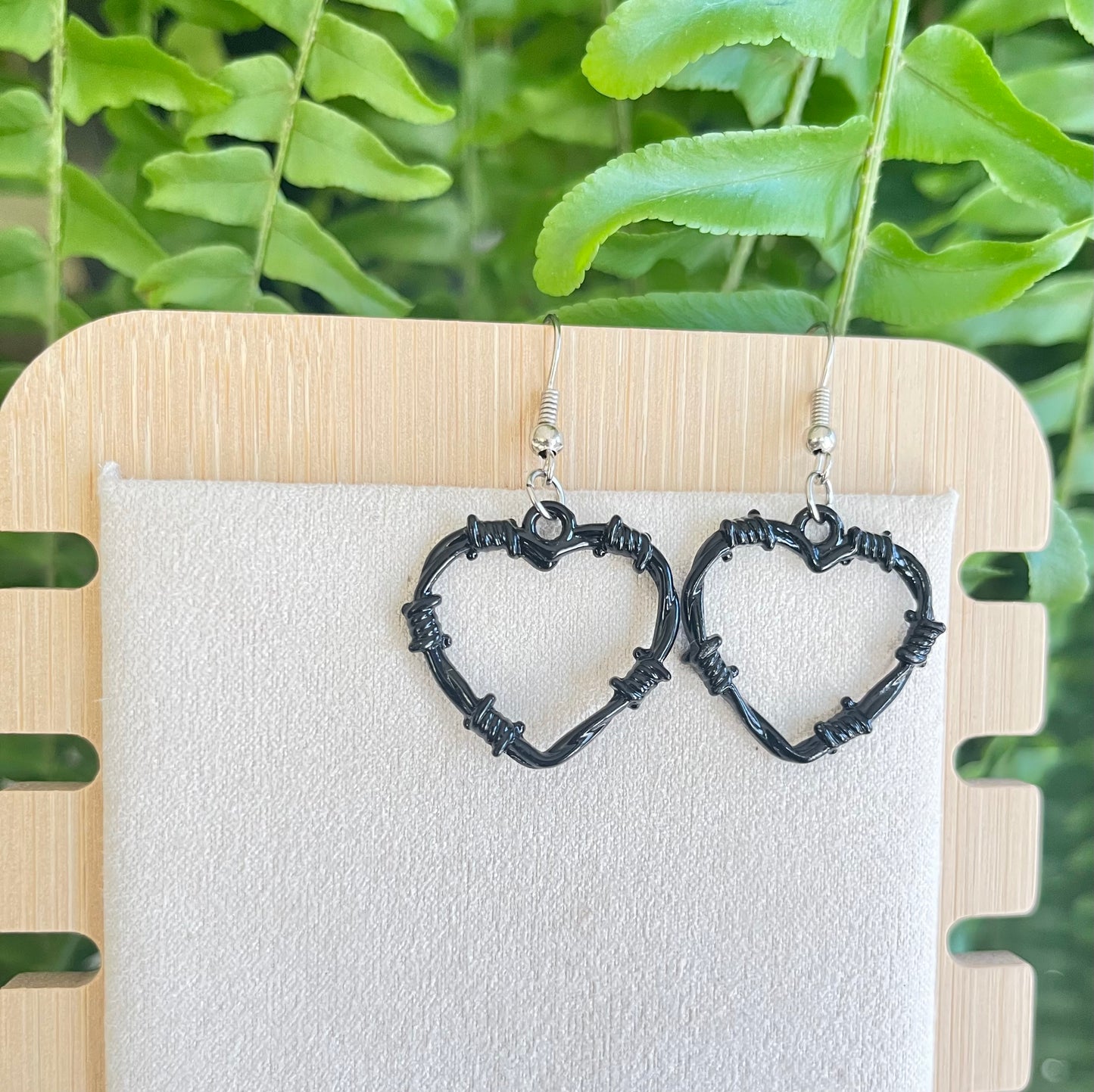 Black Barbed Wire Heart Earrings on silver stainless steel hooks
