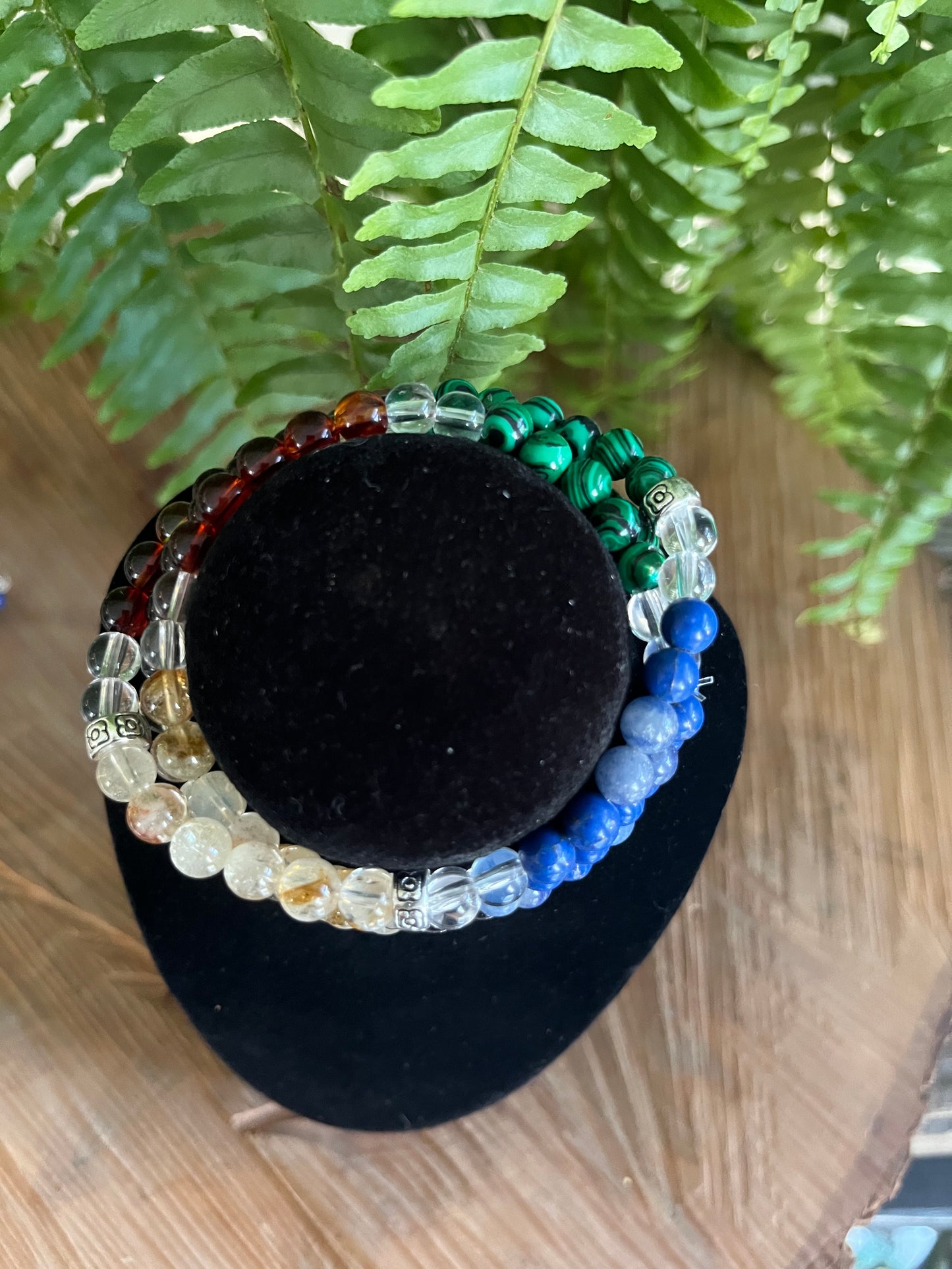 “Overcome Fear” Stretchy Bracelet with Amber, Lapis Lazuli, Citrine, Malachite & White Quartz