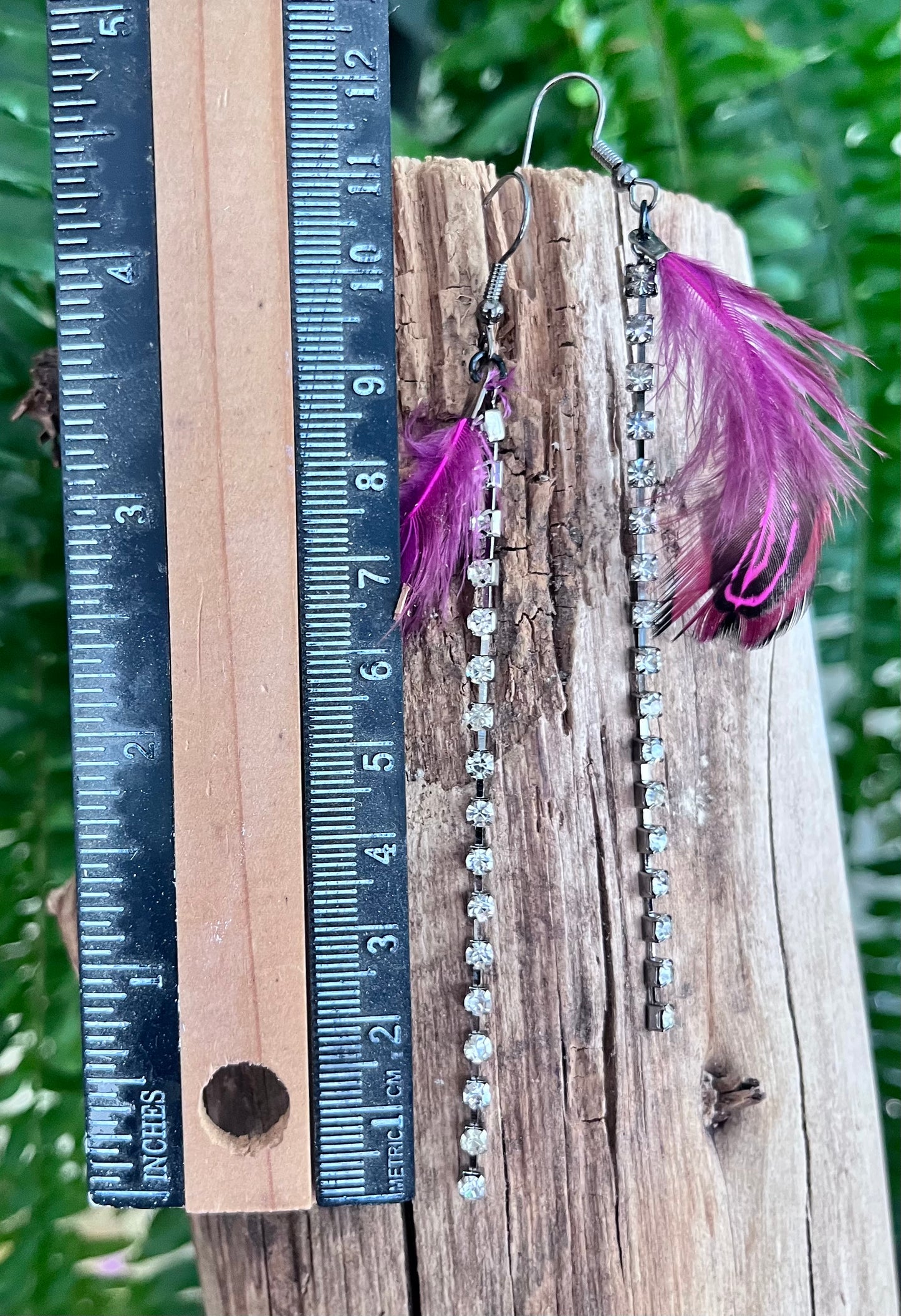Magenta Feather & Rhinestone Chain Statement Earrings