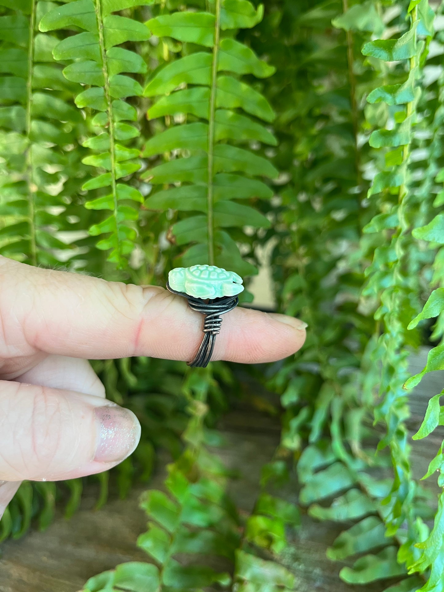 Light Green Howlite Turtle Ring – Copper Wire Wrapped - Size 7