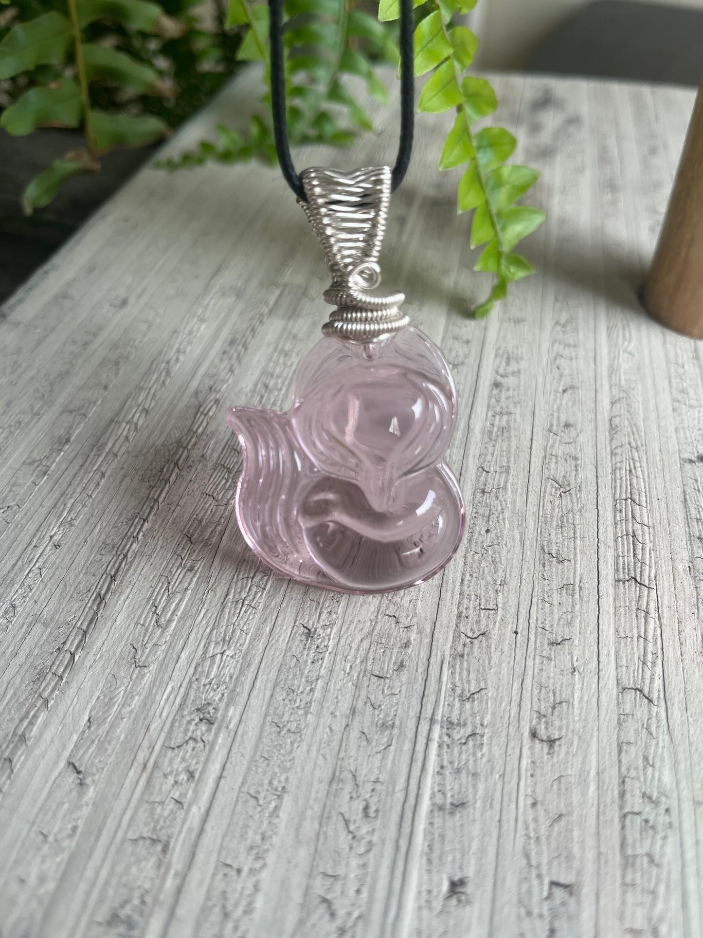 “Sweet Fox Charm” – Light Pink Acrylic Pendant in Silver Wire Wrap