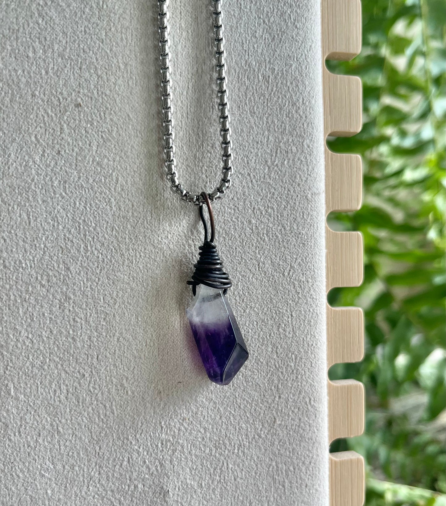🔮 “Midnight Clarity” – Amethyst Point Pendant in Dark Copper Wire