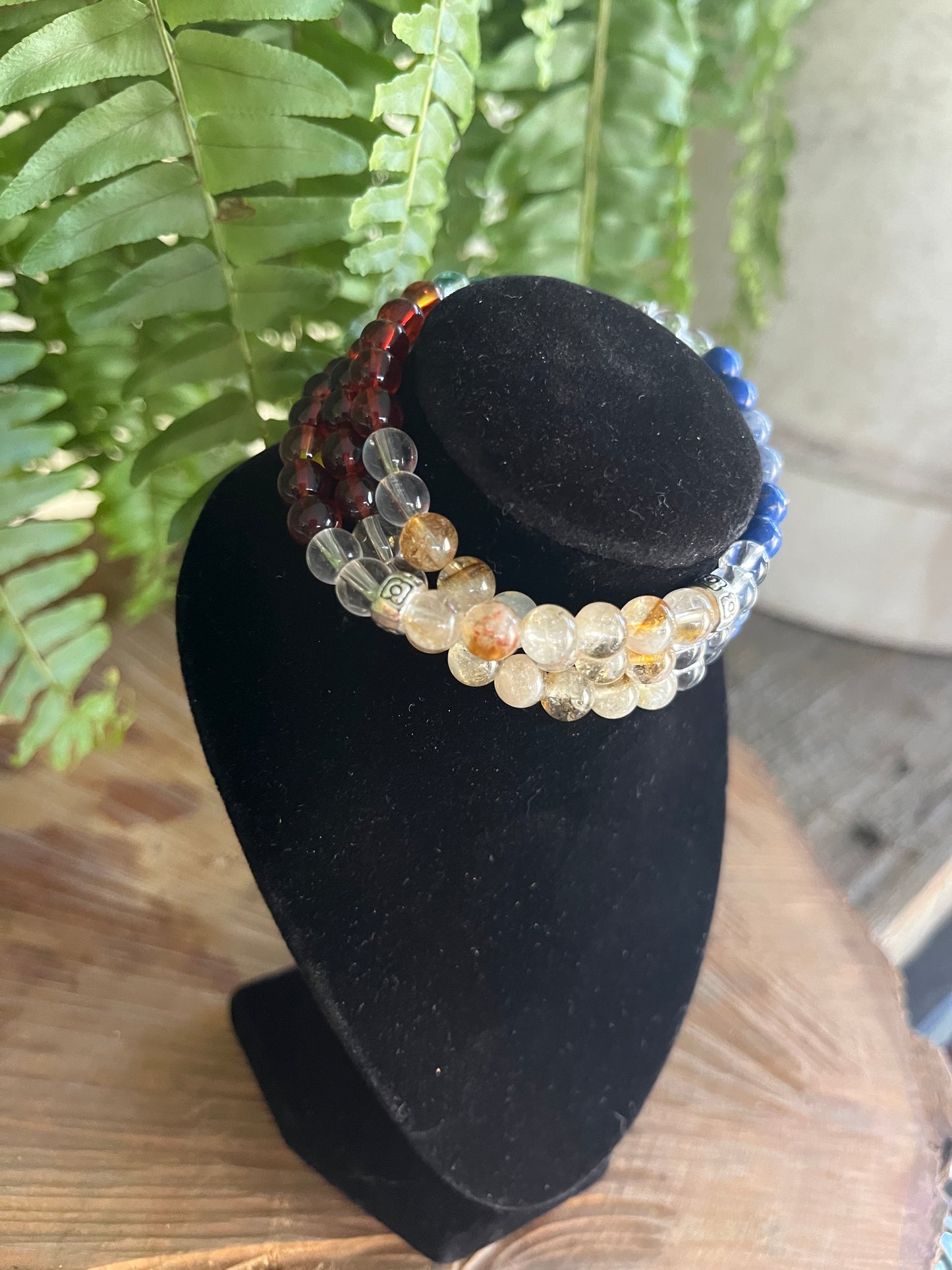 “Overcome Fear” Stretchy Bracelet with Amber, Lapis Lazuli, Citrine, Malachite & White Quartz