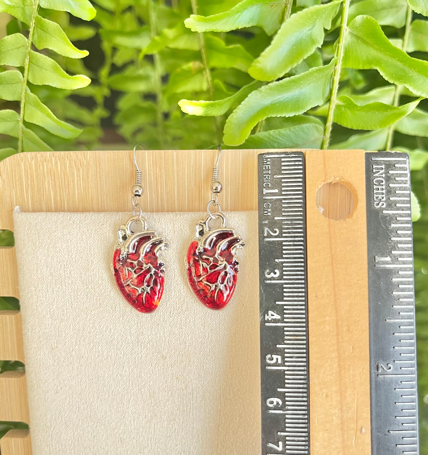 Red & Silver Heart Earrings on silver stainless steel hooks