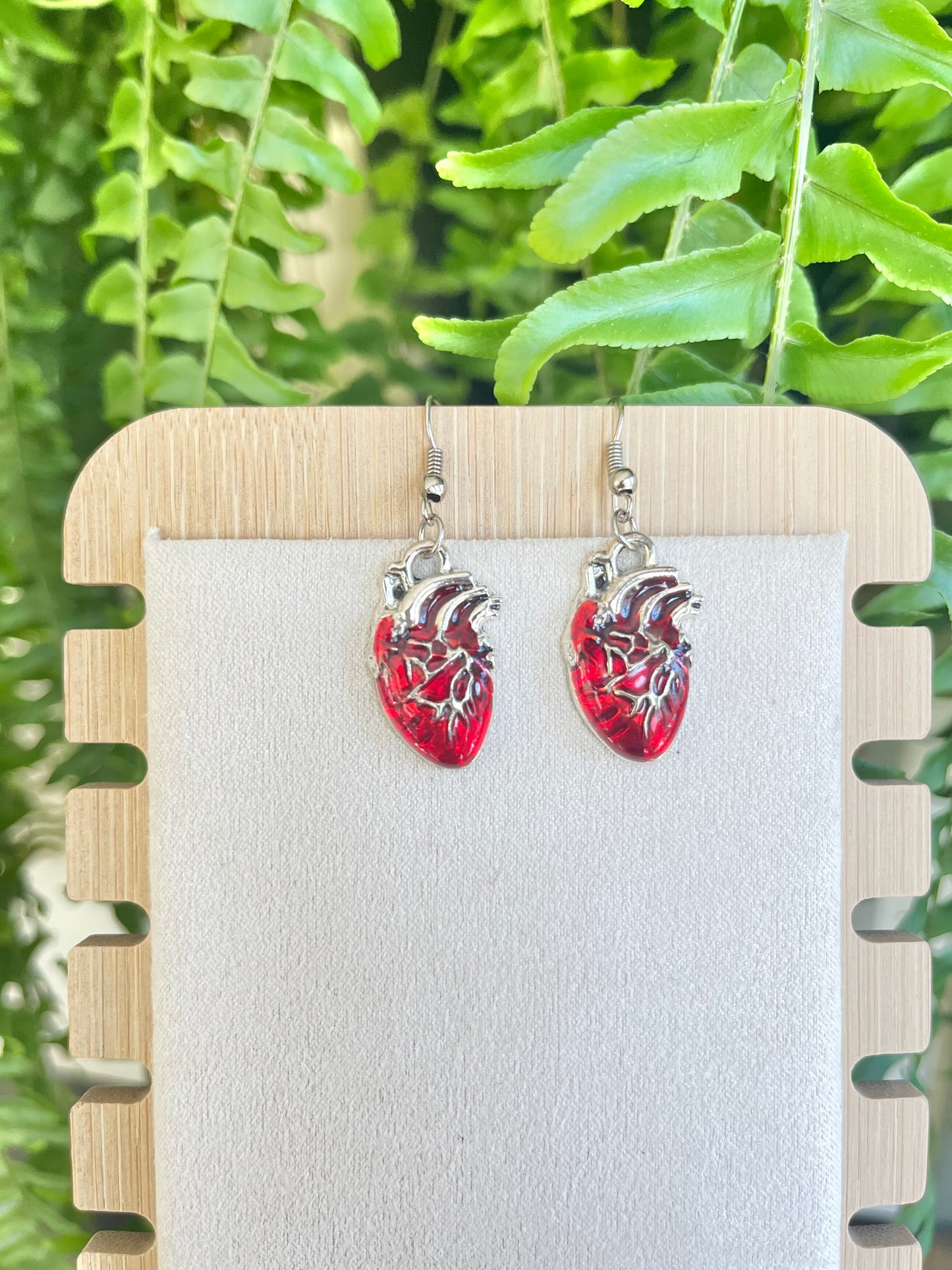 Red & Silver Heart Earrings on silver stainless steel hooks