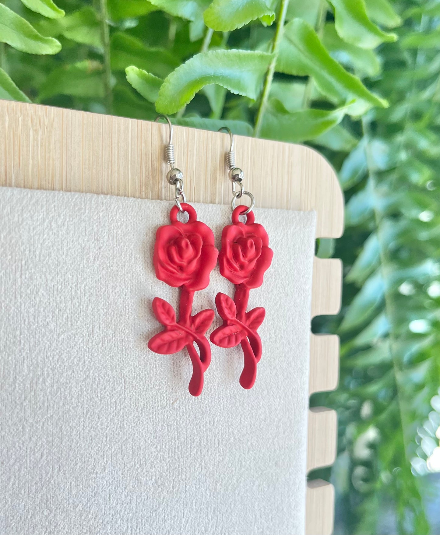 Red Flower Earrings on silver stainless steel hooks