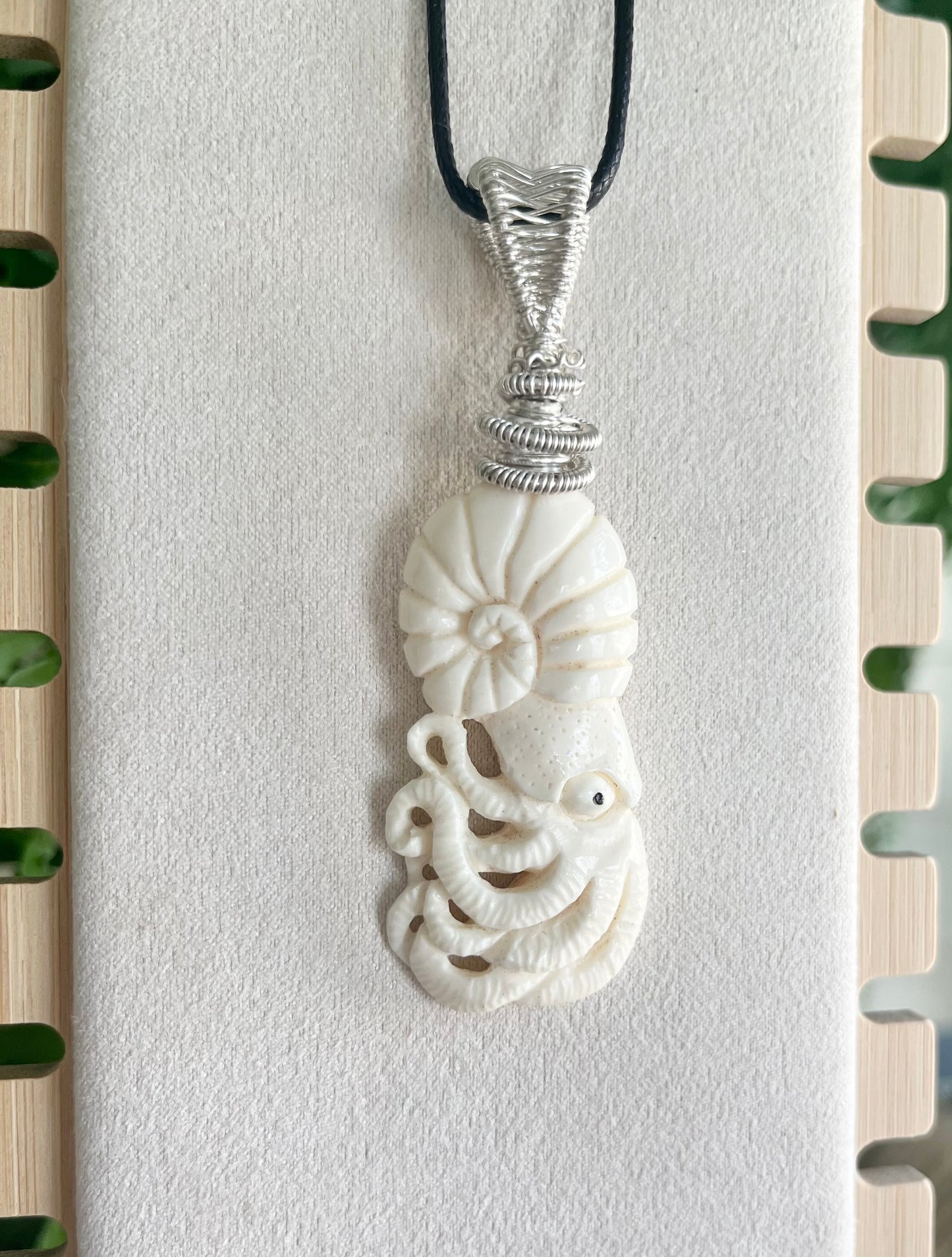 Hand-Carved Bone Squid Pendant | Silver Wire Wrap