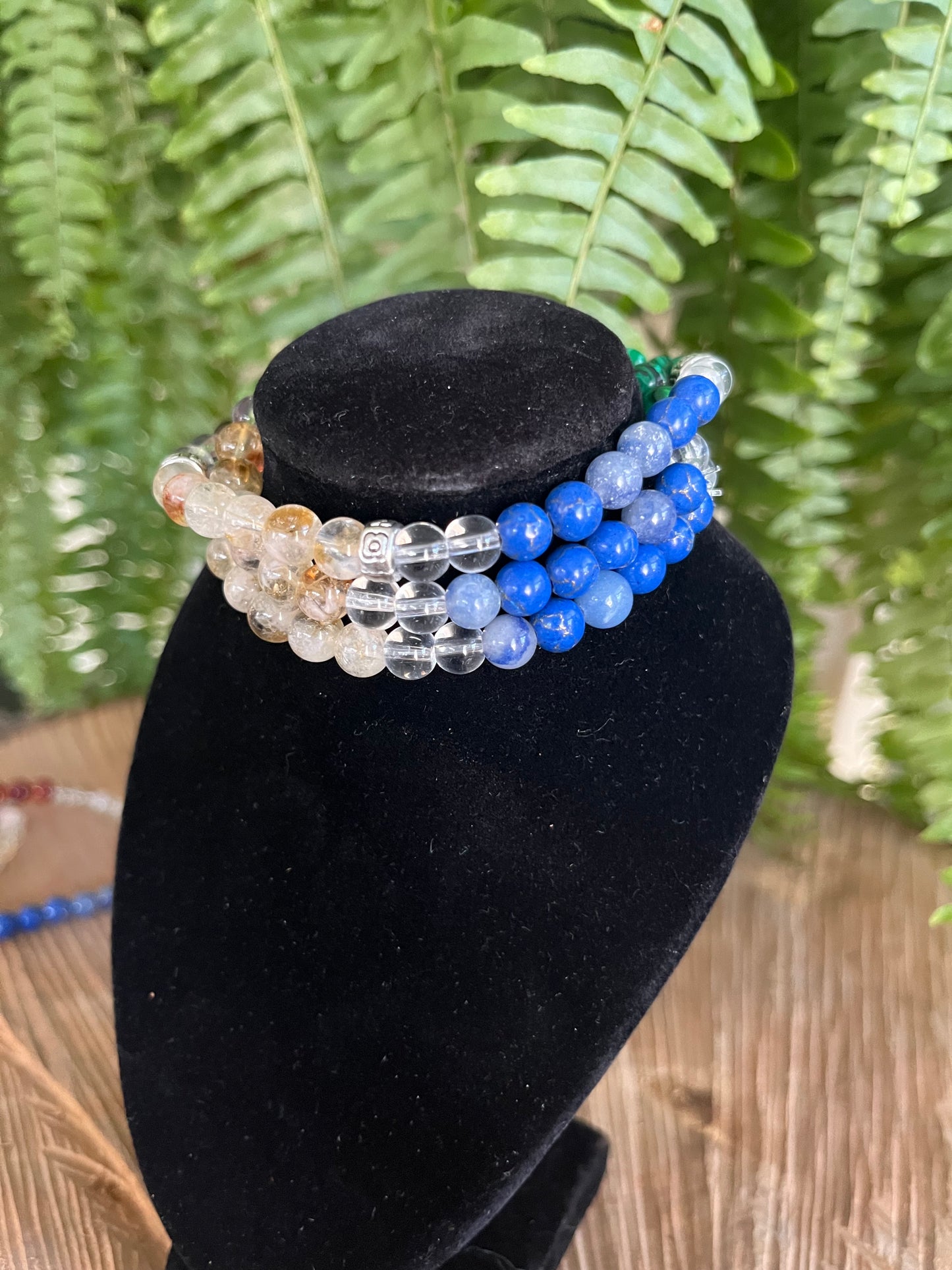 “Overcome Fear” Stretchy Bracelet with Amber, Lapis Lazuli, Citrine, Malachite & White Quartz