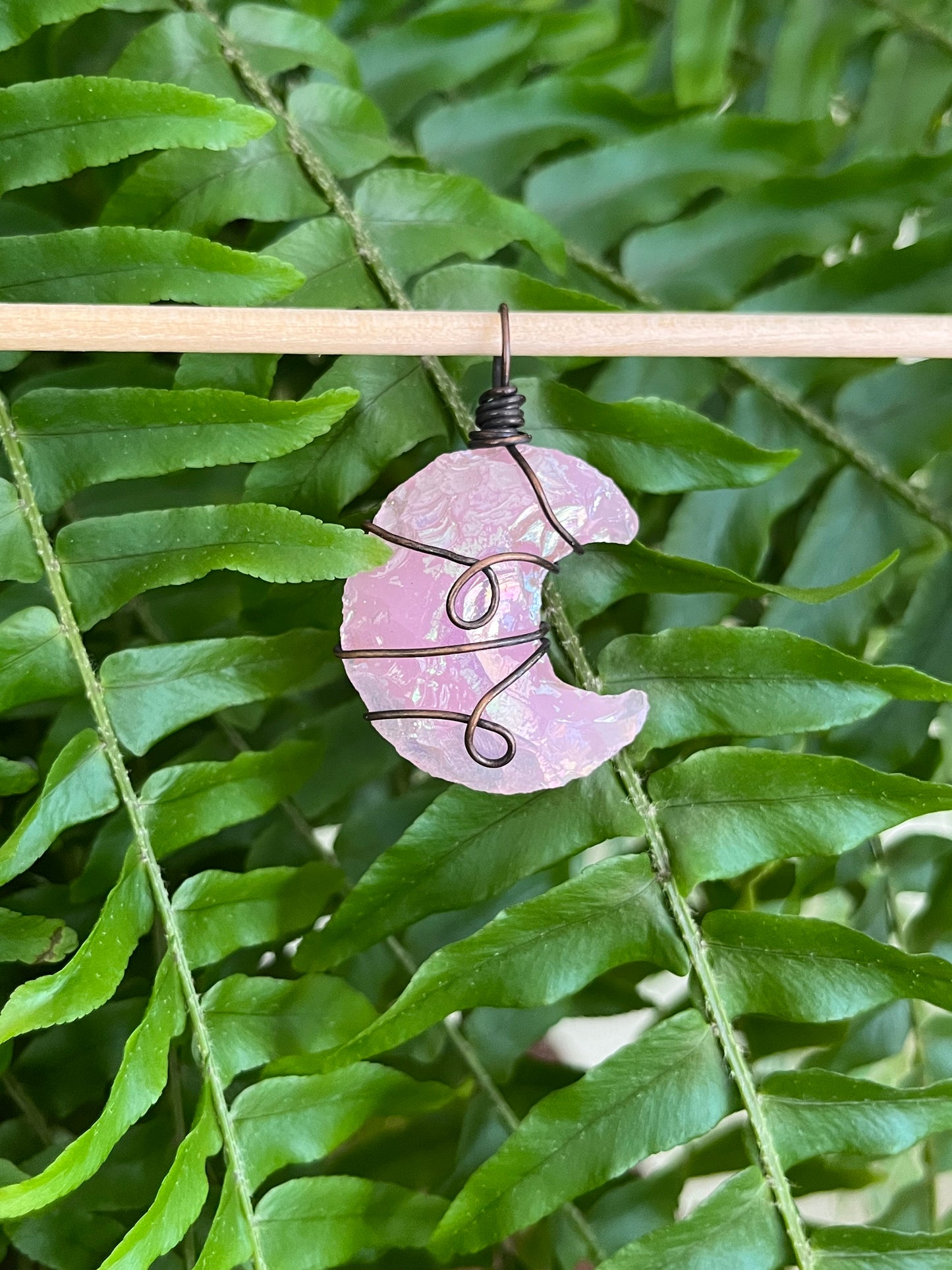 Aura Rose Quartz Crescent Moon Pendant – Wire Wrapped in Copper