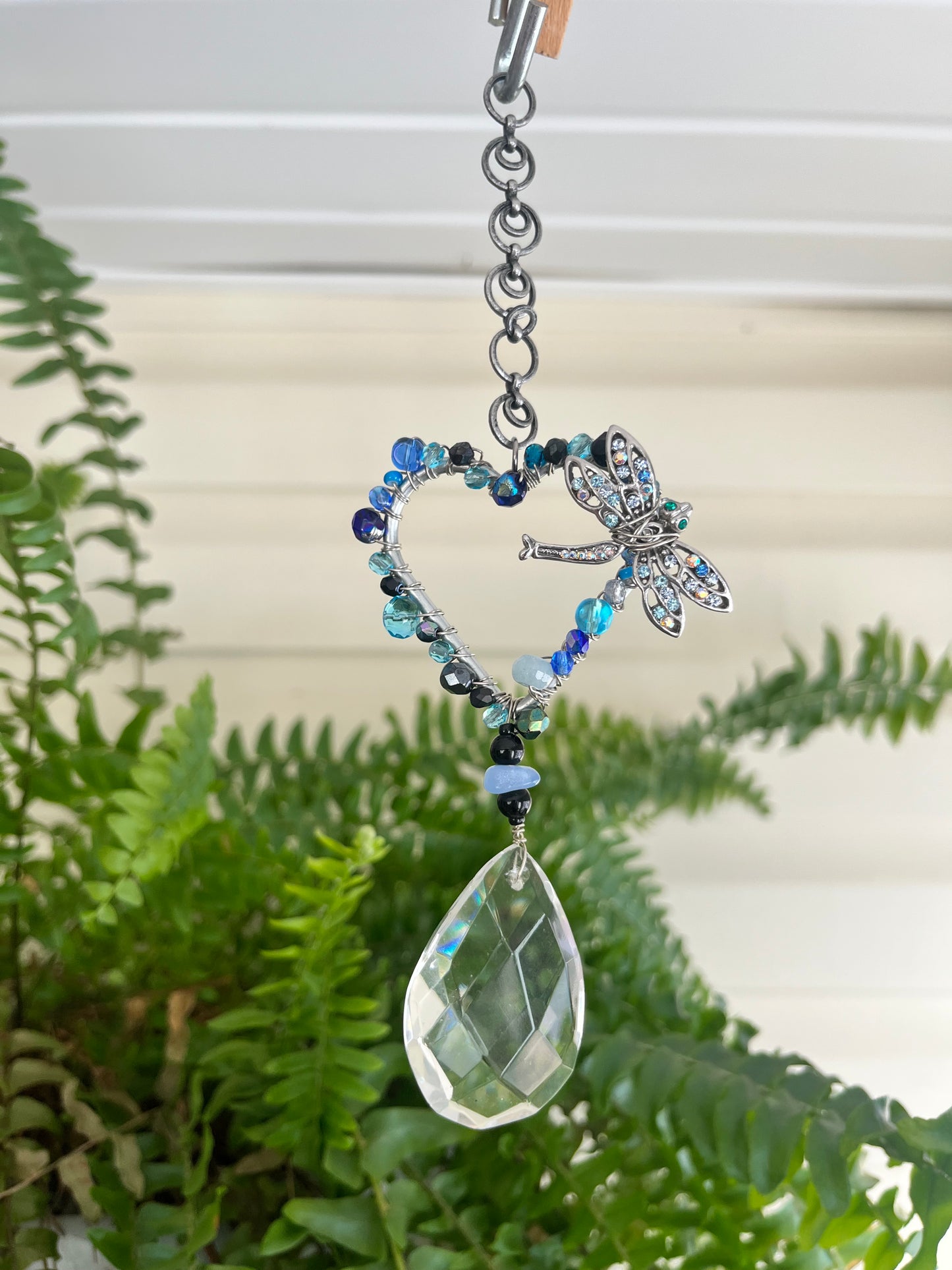 Mini Dragonfly Crystal Suncatcher | Beaded Window Hanging with Faceted Prism