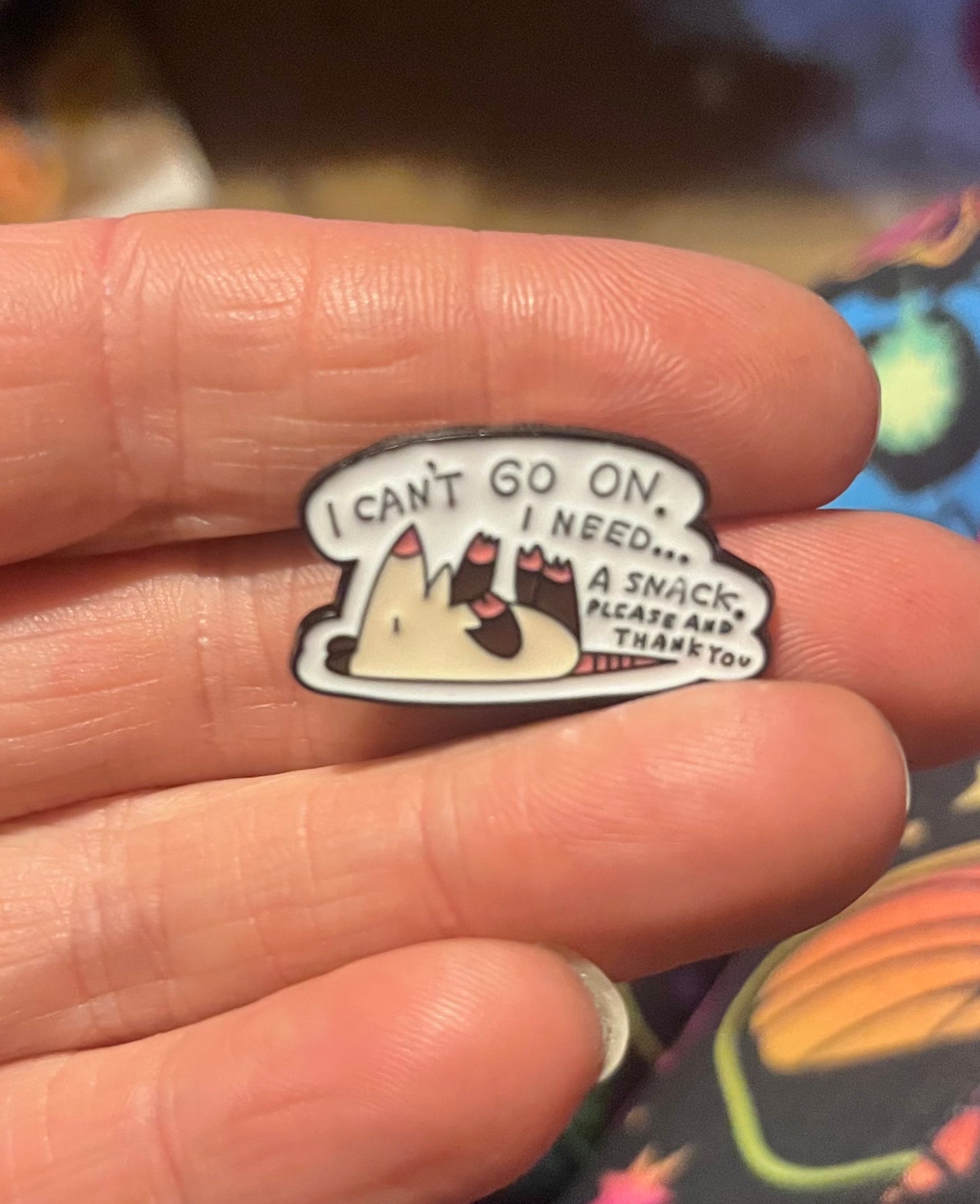 “I Can’t Go On, I Need a Snack” Enamel Pin – Cute Hangry Possum Pin