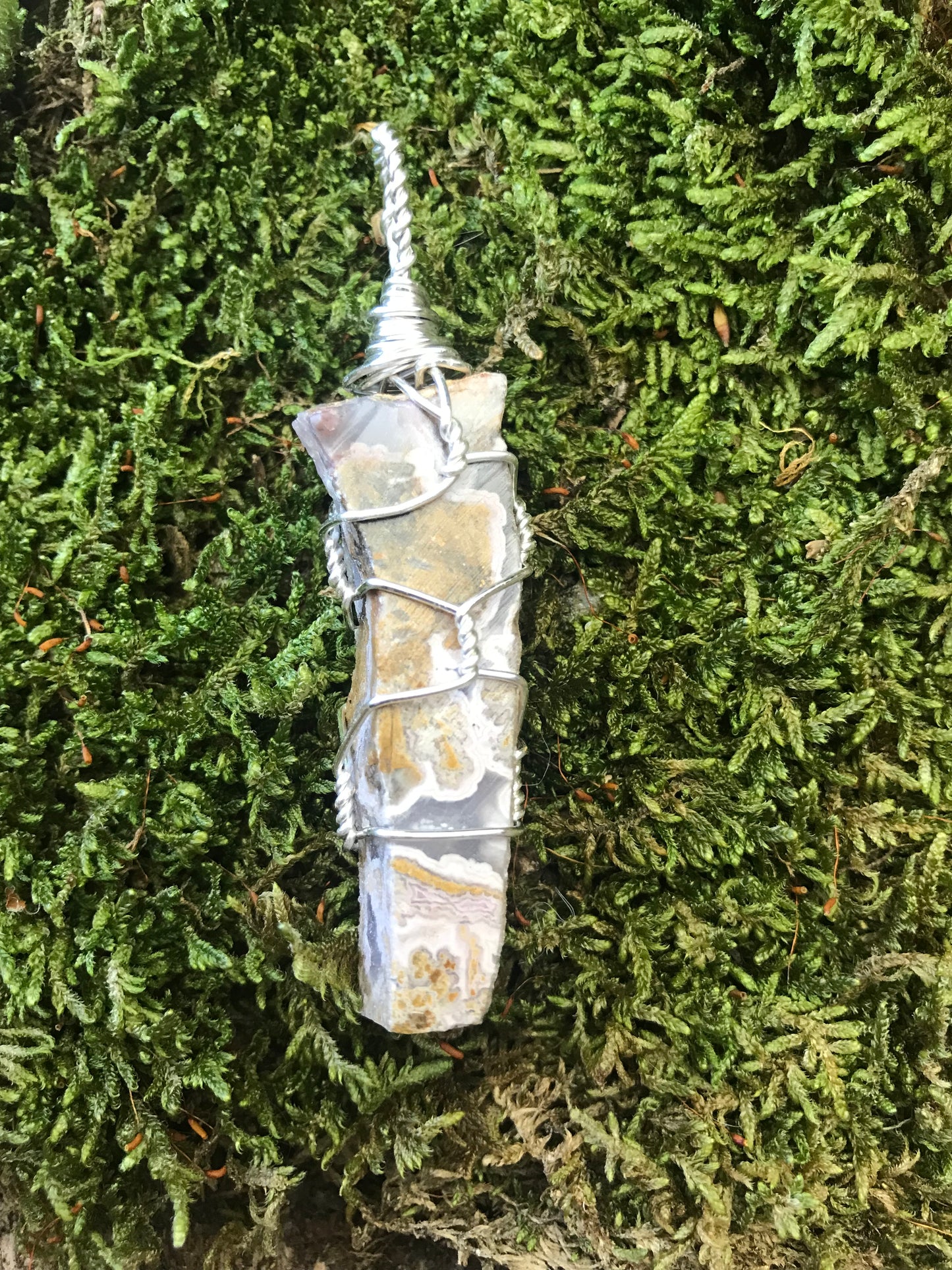 Rock-hounded & Cut Flower Agate in silver wire pendant necklace