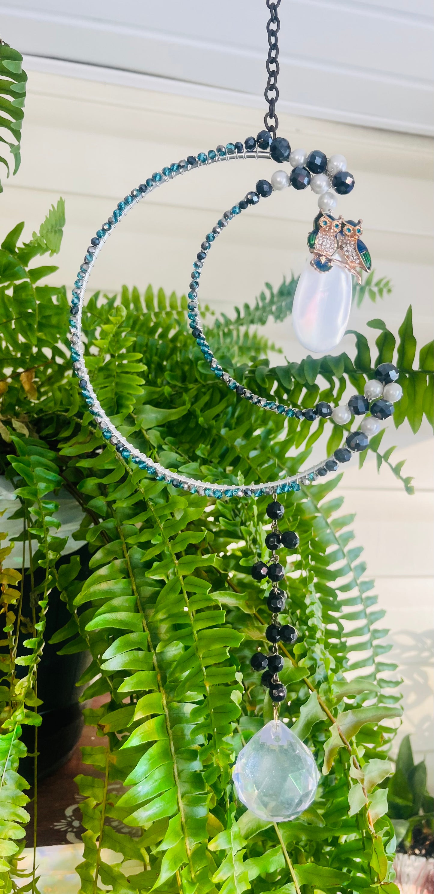Owl on a Crescent Moon Suncatcher | Beaded Celestial Window Decor