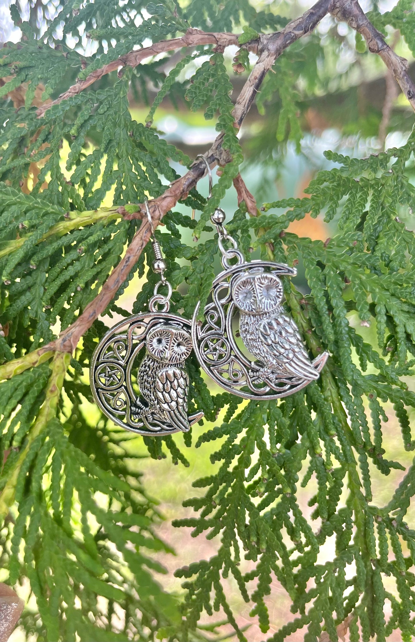 Owl on Crescent Moon Earrings on silver stainless steel hooks