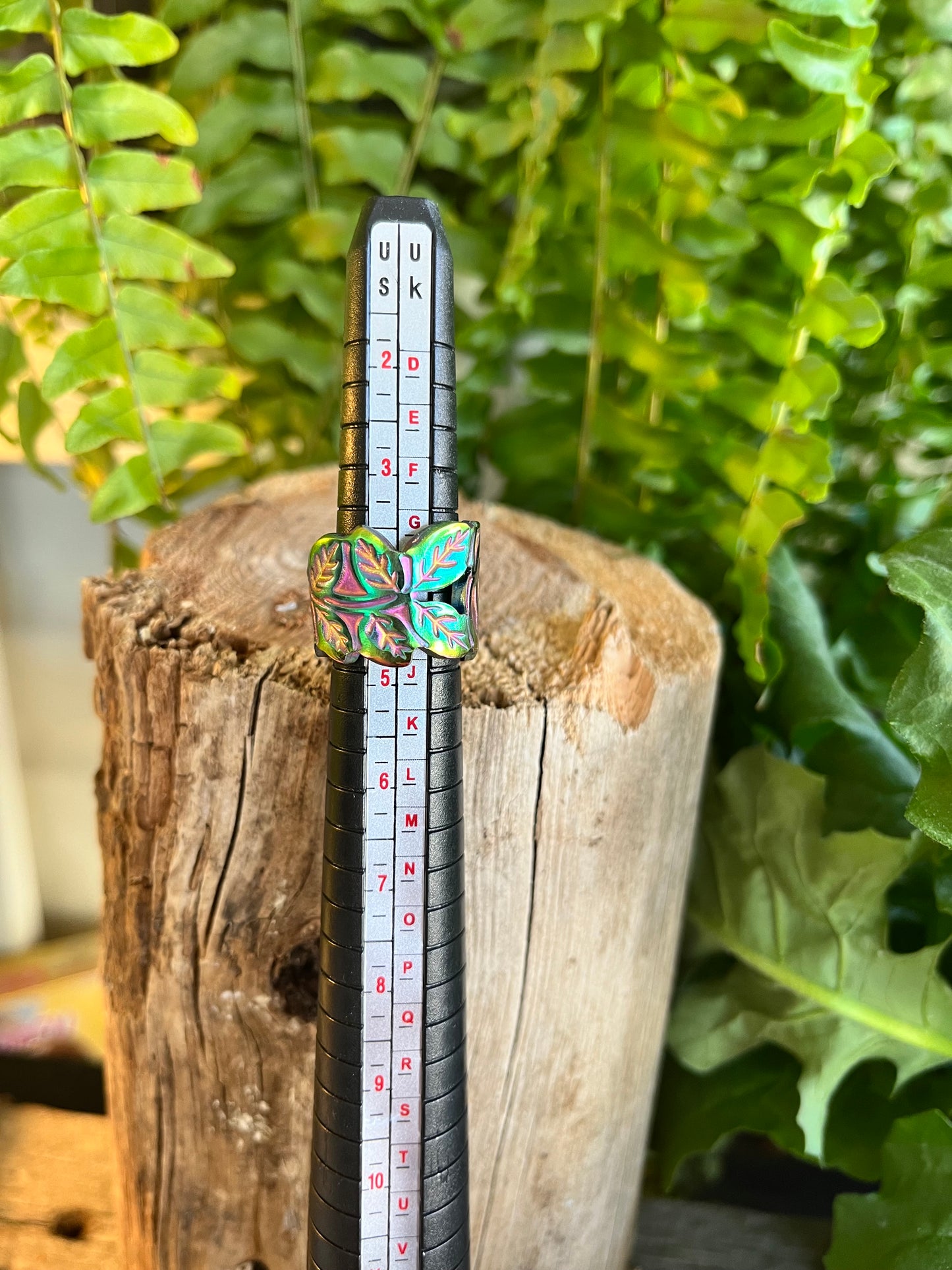 Iridescent Leaf Spoon Ring – Adjustable Nature-Inspired Statement Ring