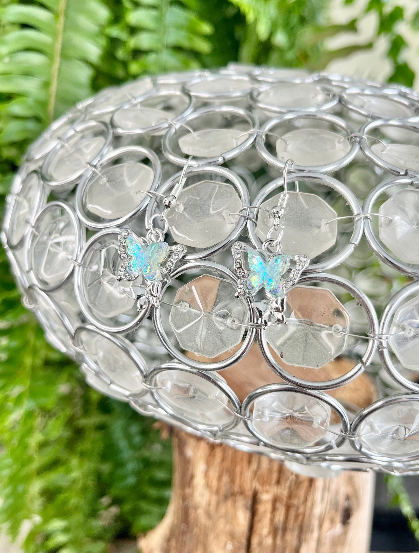 Blue & White Crystal Butterfly Earrings – Iridescent Fairy Wing Dangle Jewelry