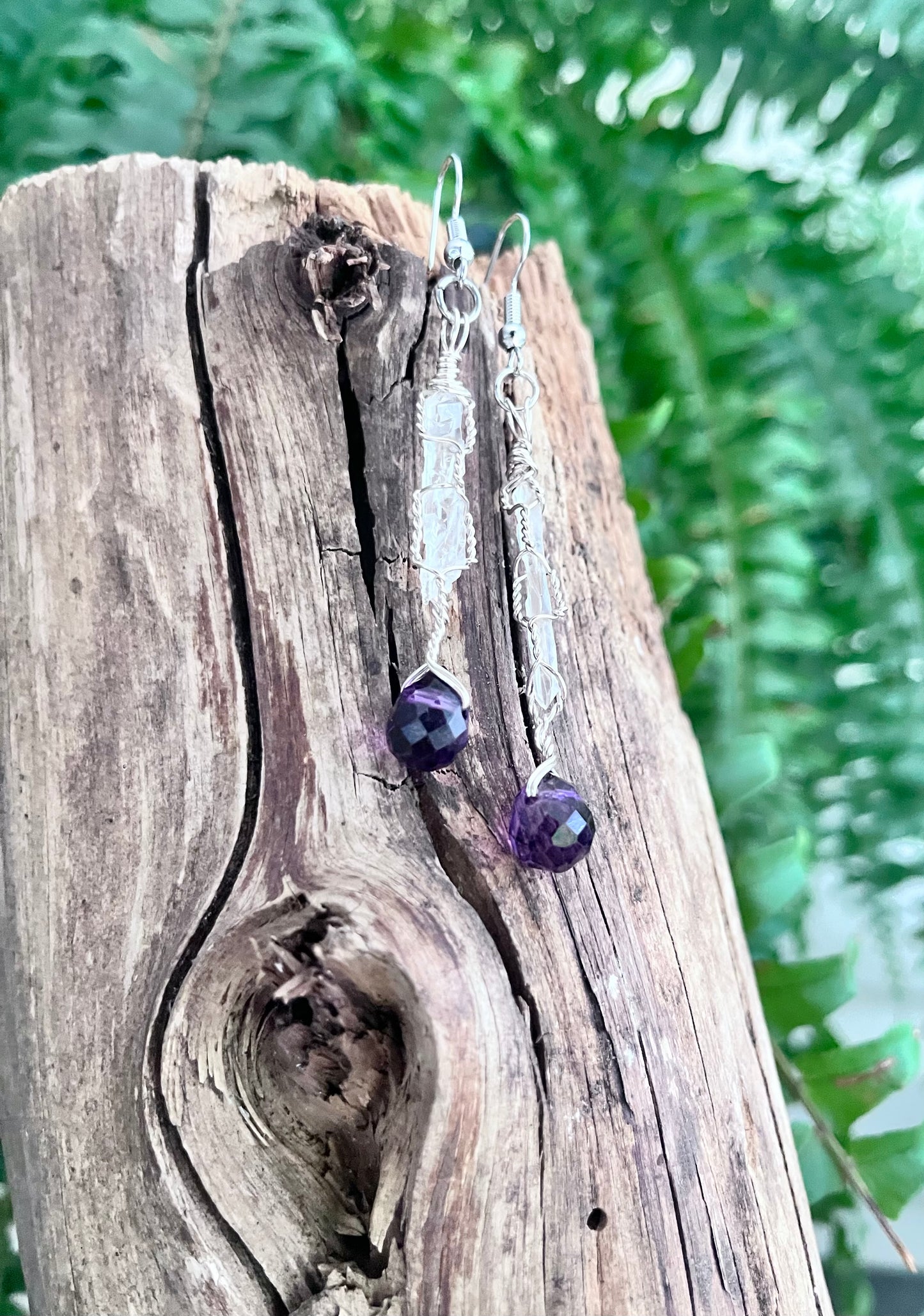 Wire Wrapped Clear Quartz Spear & Purple Faceted Crystal Drop Earrings – Silver