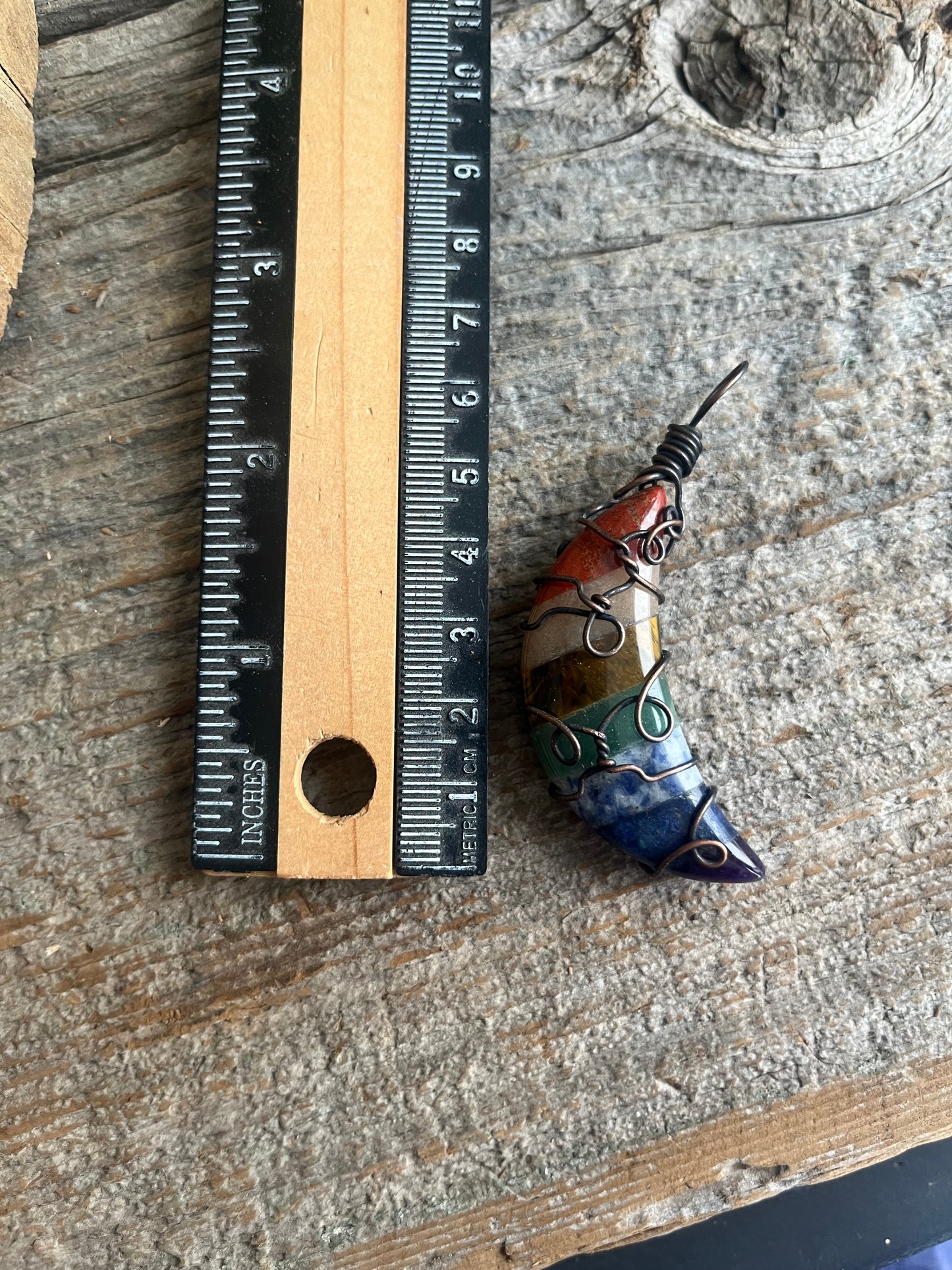 Chakra Moon Pendant | Multi-Stone Crystal Necklace | Hand Wire Wrapped in Copper