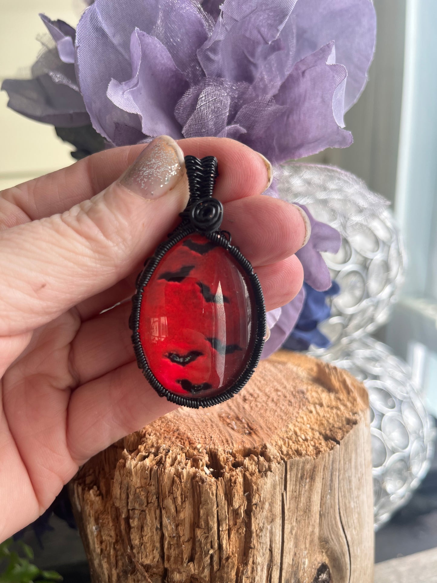 Crimson Night Bat Cabochon Necklace | Hand-Wrapped in Black Wire