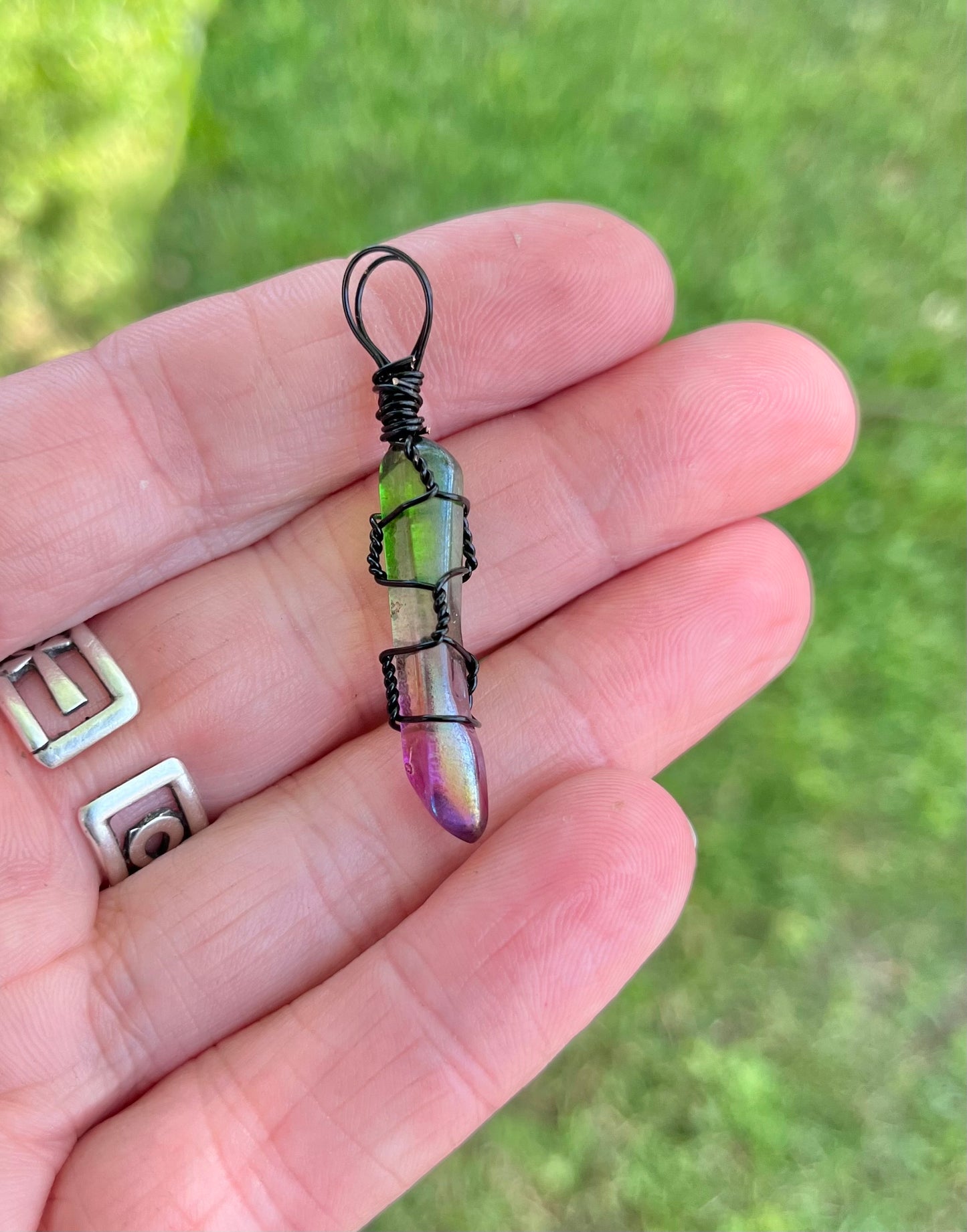 Green/ Pink Ombré Quartz in black wire, pendant necklace