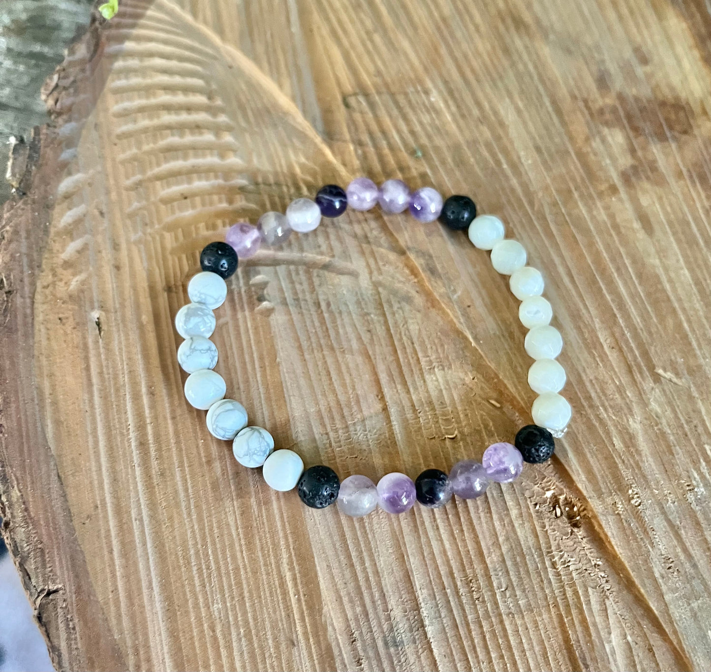 “Reduce Anxiety” Stretchy Bracelet with Amethyst, Howlite, Moonstone, & Lava Beads