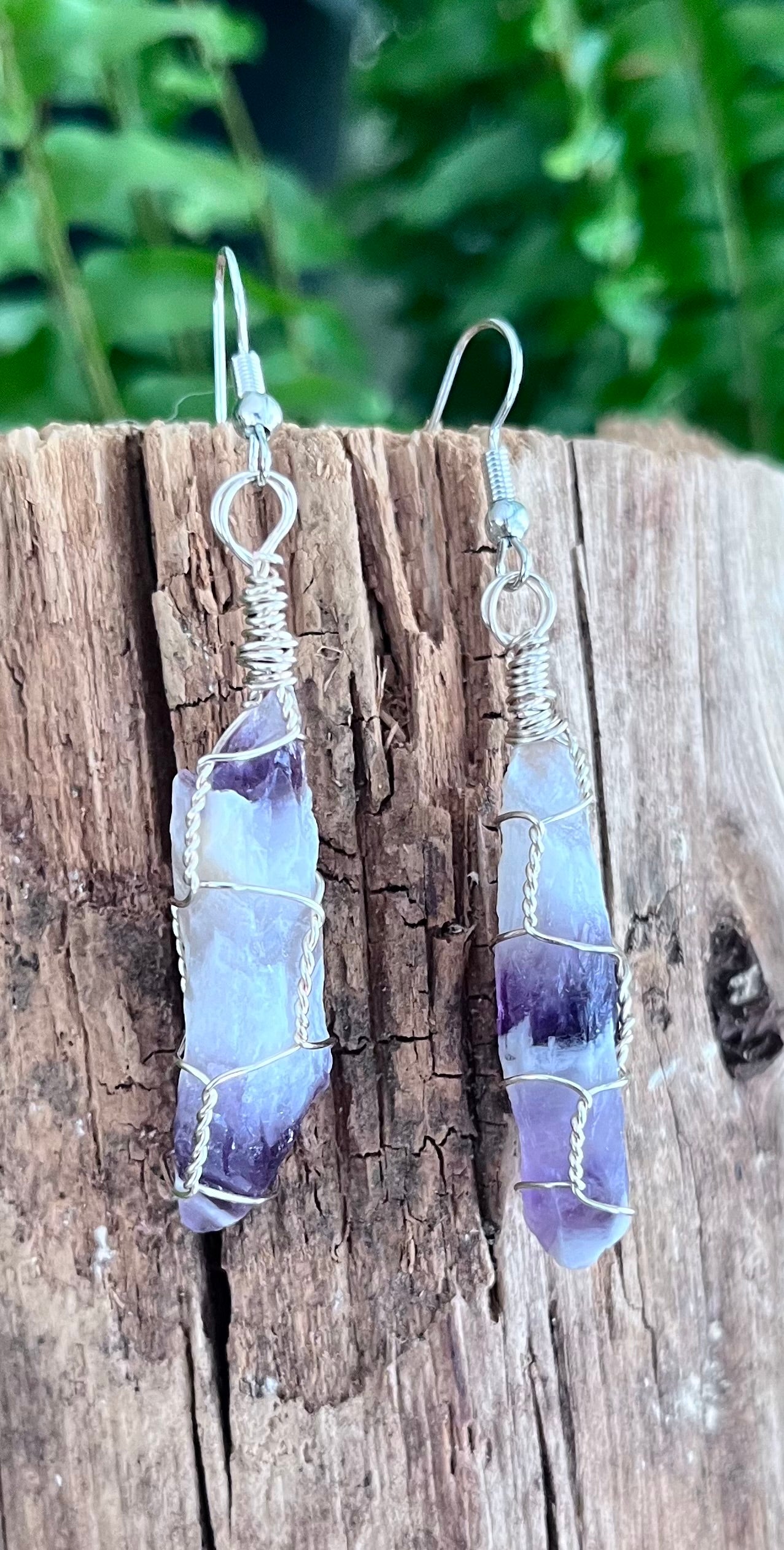 Brazilian Chevron Amethyst Wire Wrapped Earrings, Silver Wire
