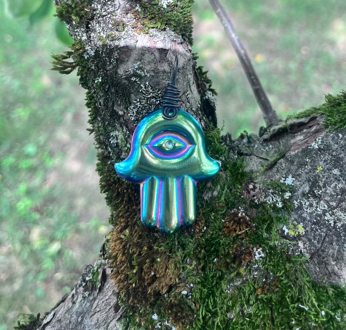Rainbow Obsidian Hamsa Hand Pendant | Copper Wire Wrapped Evil Eye Crystal Necklace