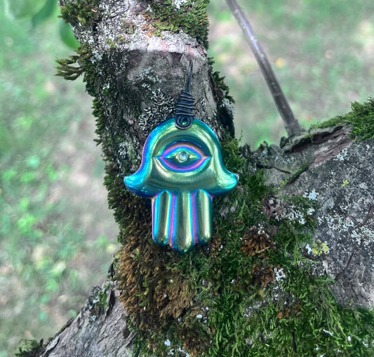 Rainbow Obsidian Hamsa Hand Pendant | Copper Wire Wrapped Evil Eye Crystal Necklace