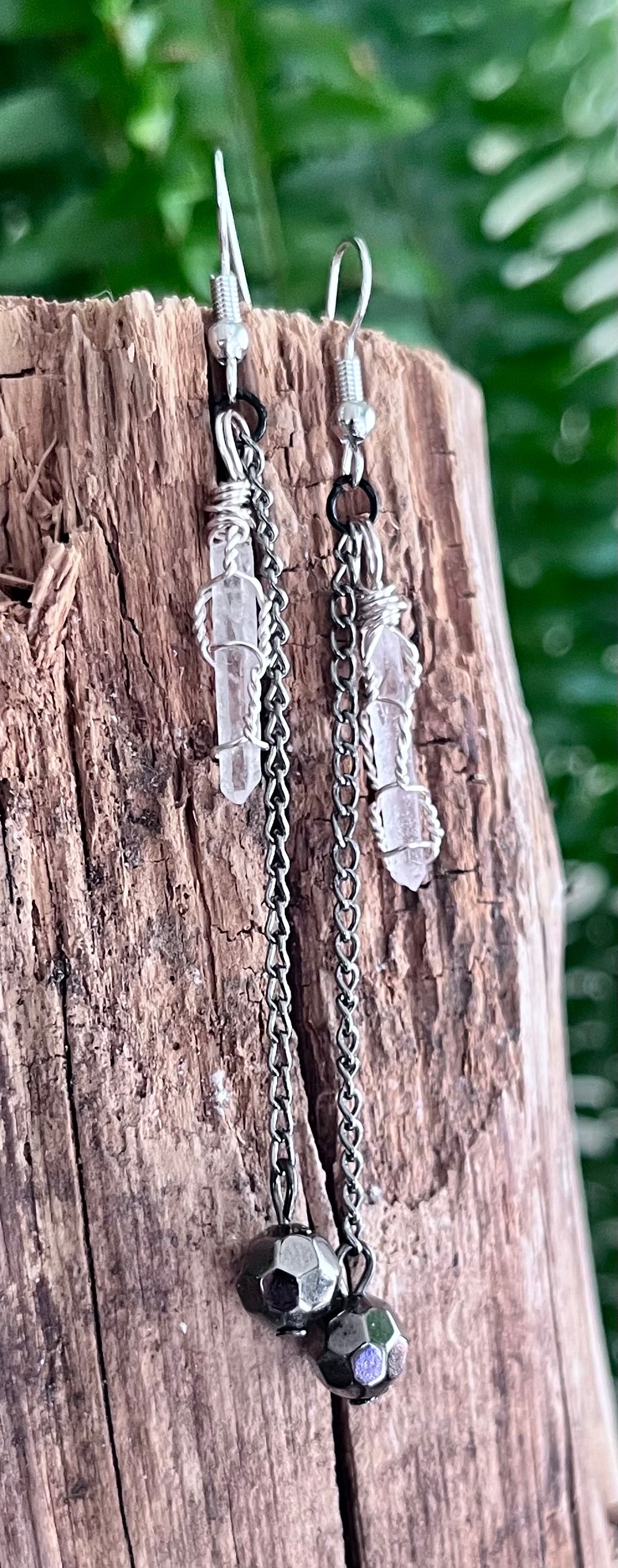 Natural Clear Quartz • Hand-Wrapped • Mixed-Media Statement Earrings
